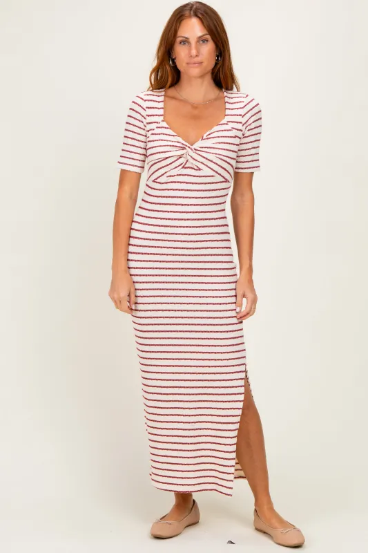 Cream/ Burgundy Striped Knit Short Sleeve Maxi Dress made by Pinkblush