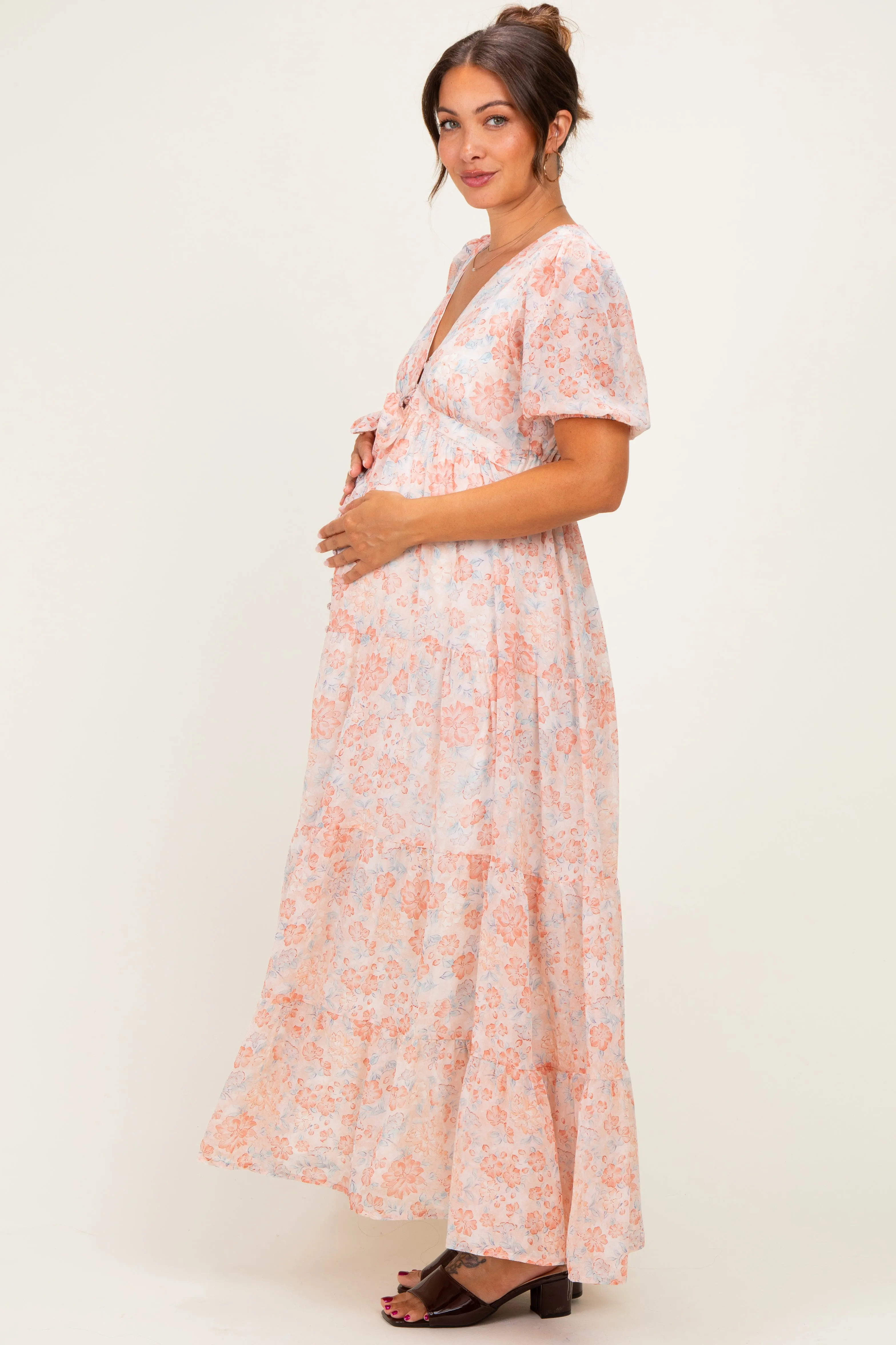 Coral Floral Button Down Front Tie Maternity Maxi Dress sold by Pinkblush product image thumbnail 3