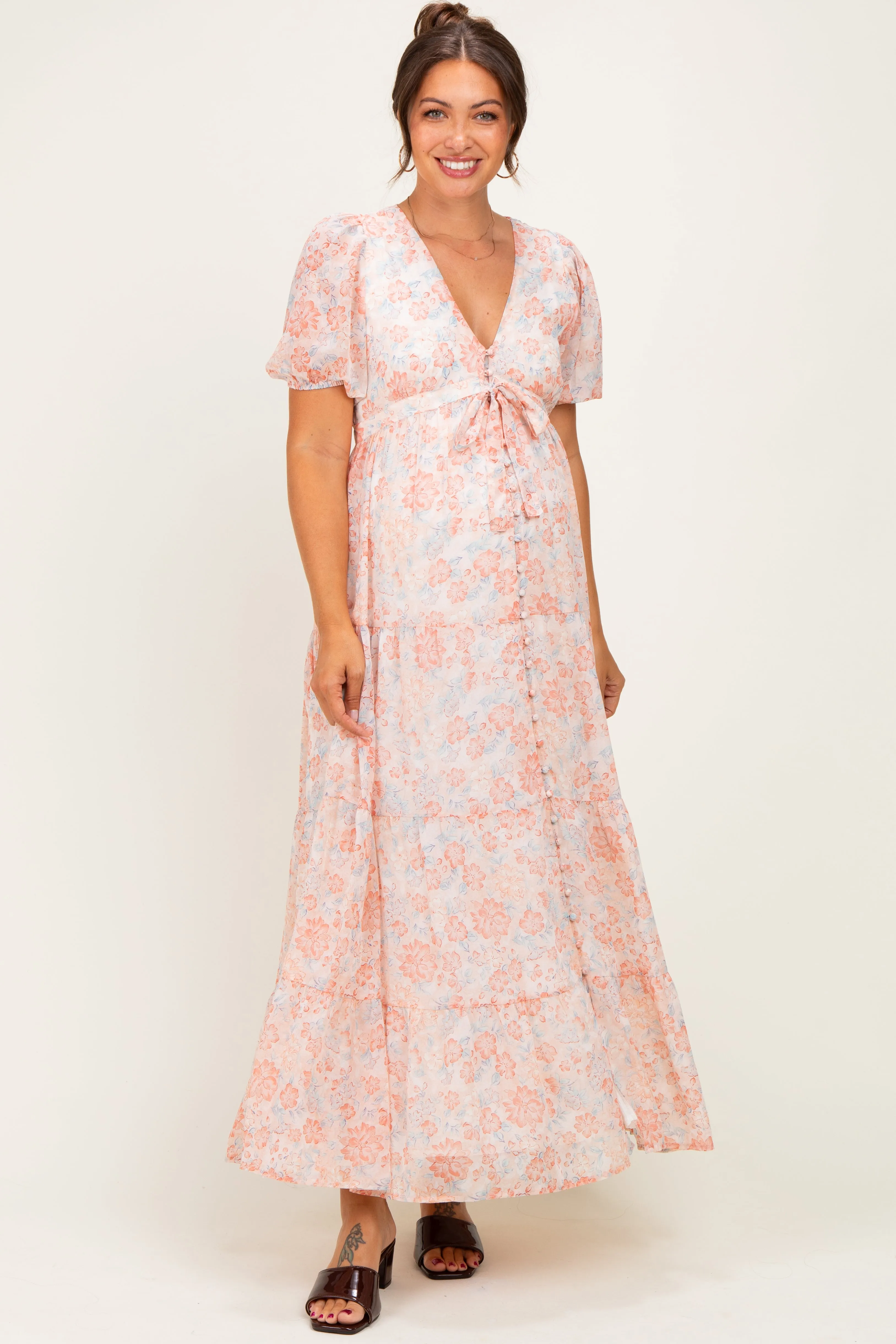 Coral Floral Button Down Front Tie Maternity Maxi Dress sold by Pinkblush