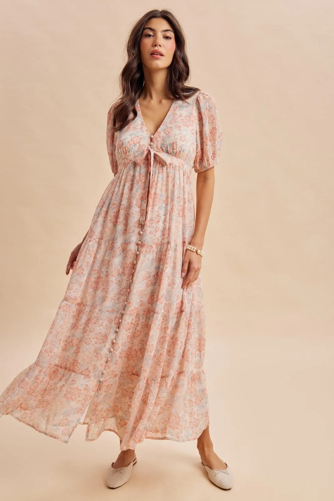 Coral Floral Button Down Front Tie Maternity Maxi Dress sold by Pinkblush product image thumbnail 5