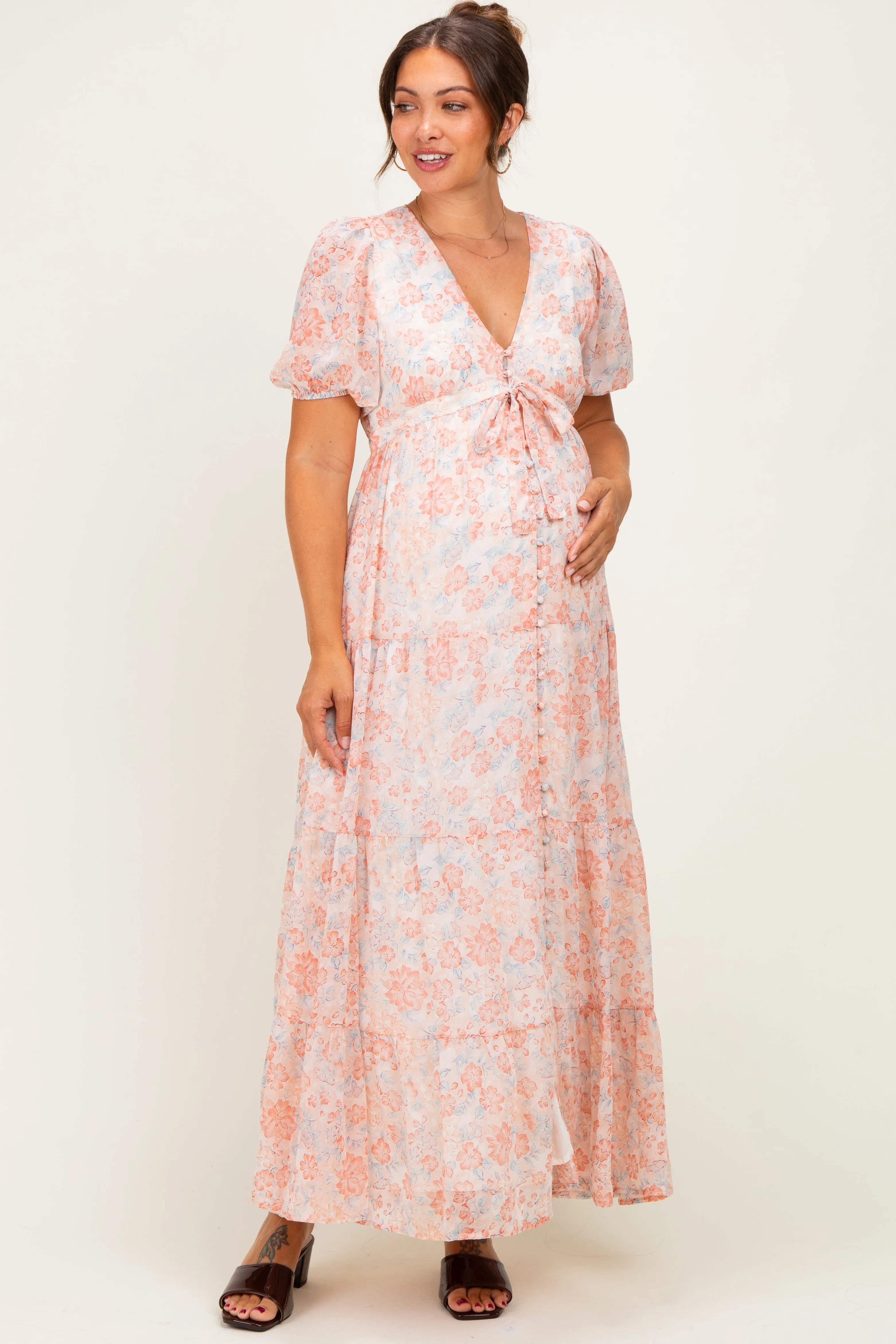 Coral Floral Button Down Front Tie Maternity Maxi Dress sold by Pinkblush product image thumbnail 2