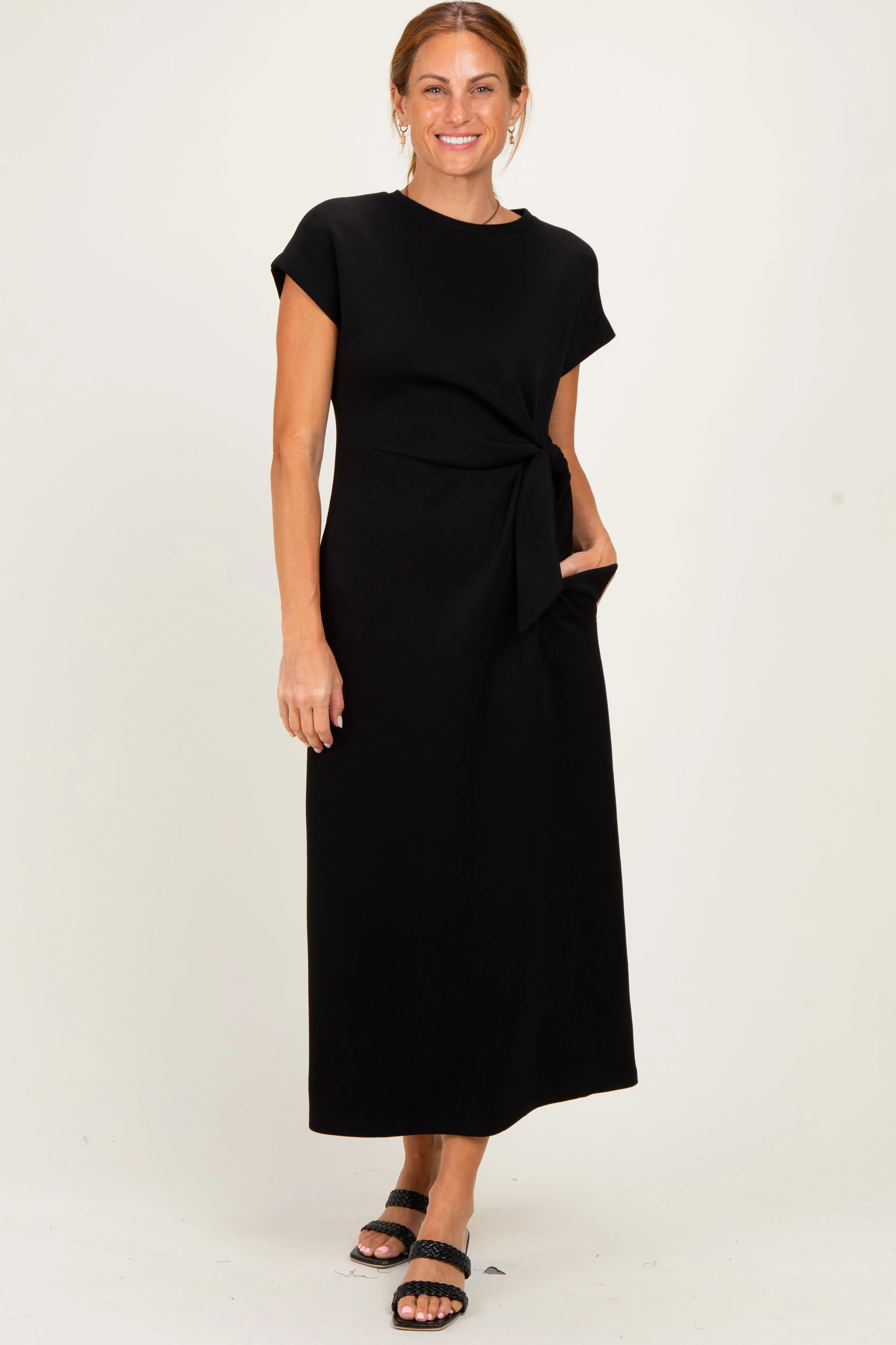 Black Side Tie Short Sleeve Midi Dress sold by Pinkblush