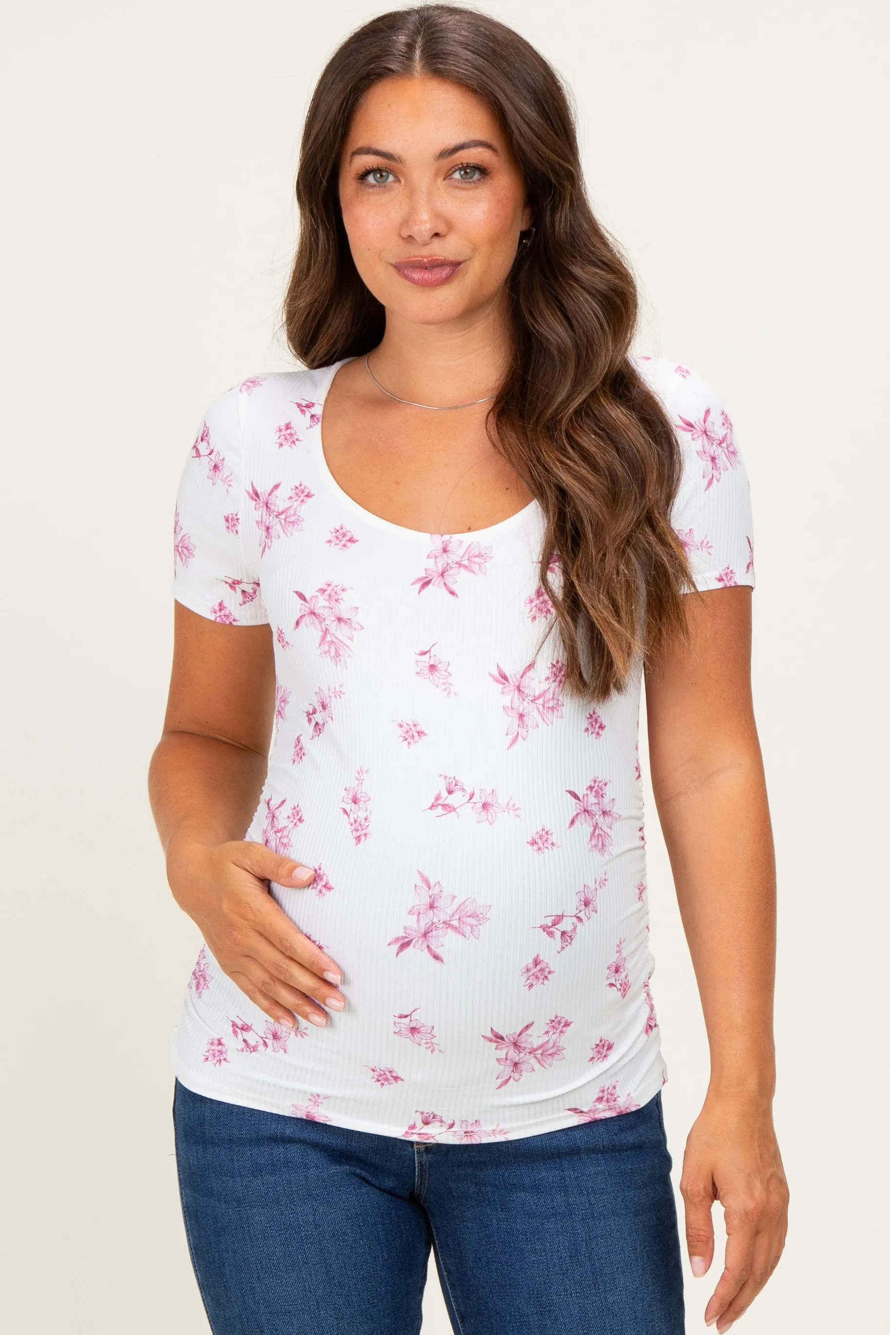 Pink Floral Ruching Short Sleeve Maternity Top sold by Pinkblush