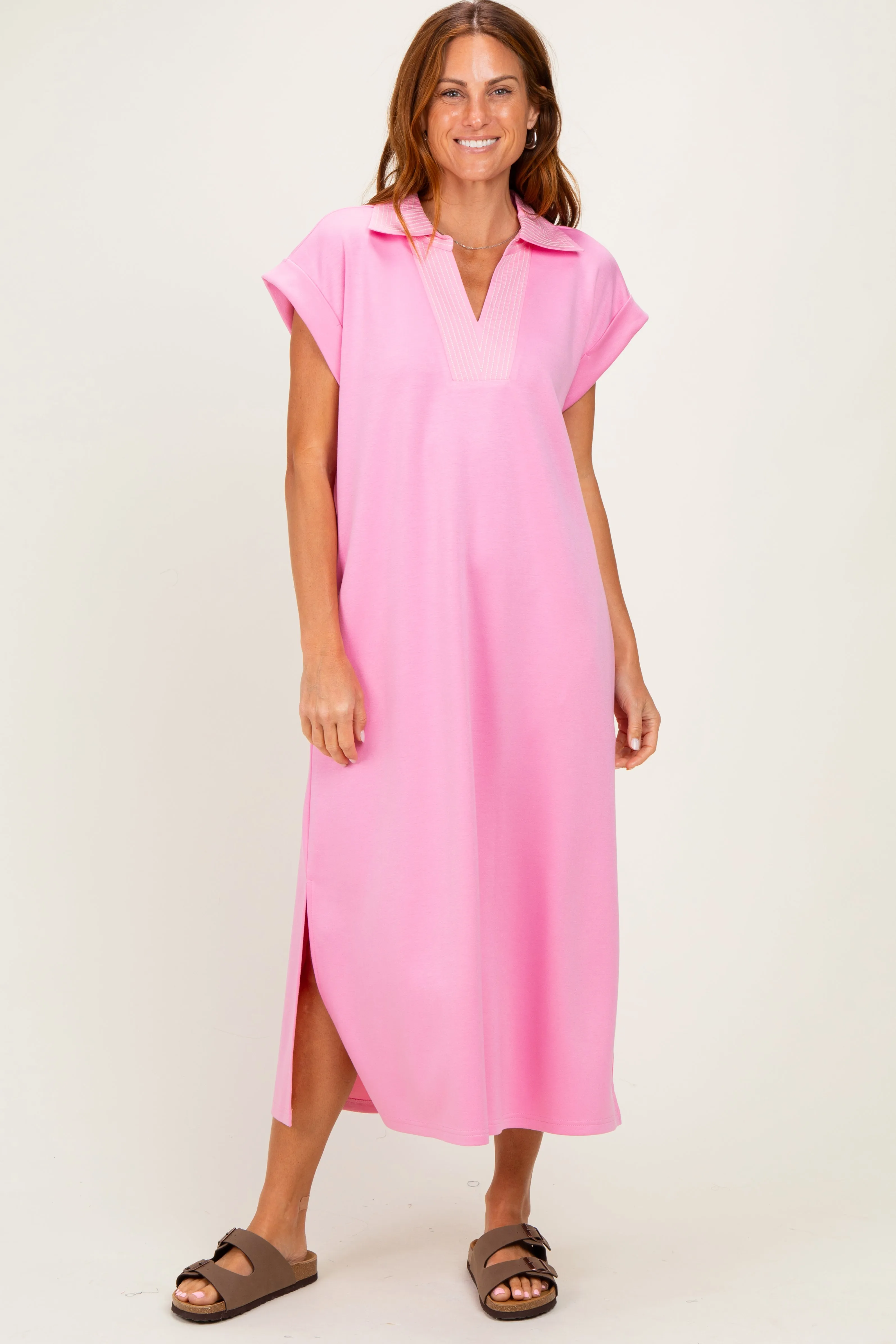 Pink Striped Collared Side Slit Midi Dress sold by Pinkblush