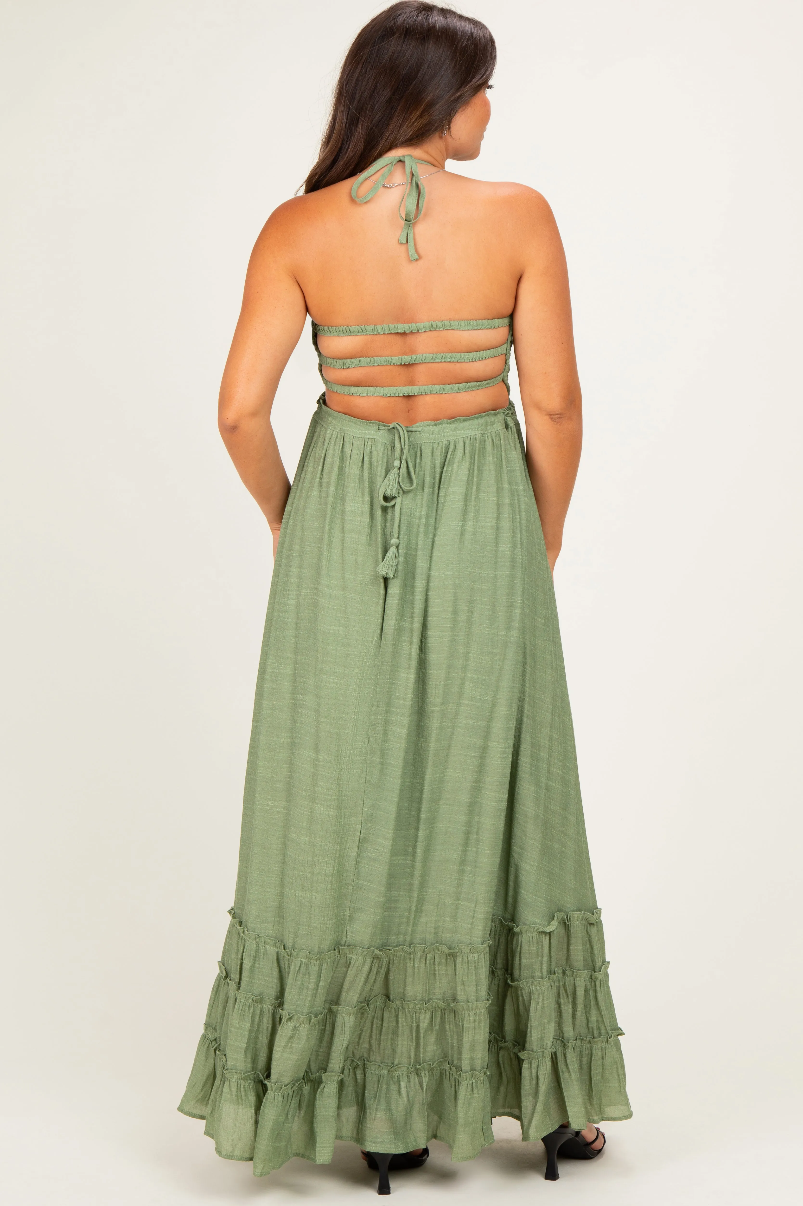 Light Olive Smocked Halter Open Back Maternity Maxi Dress sold by Pinkblush product image thumbnail 3