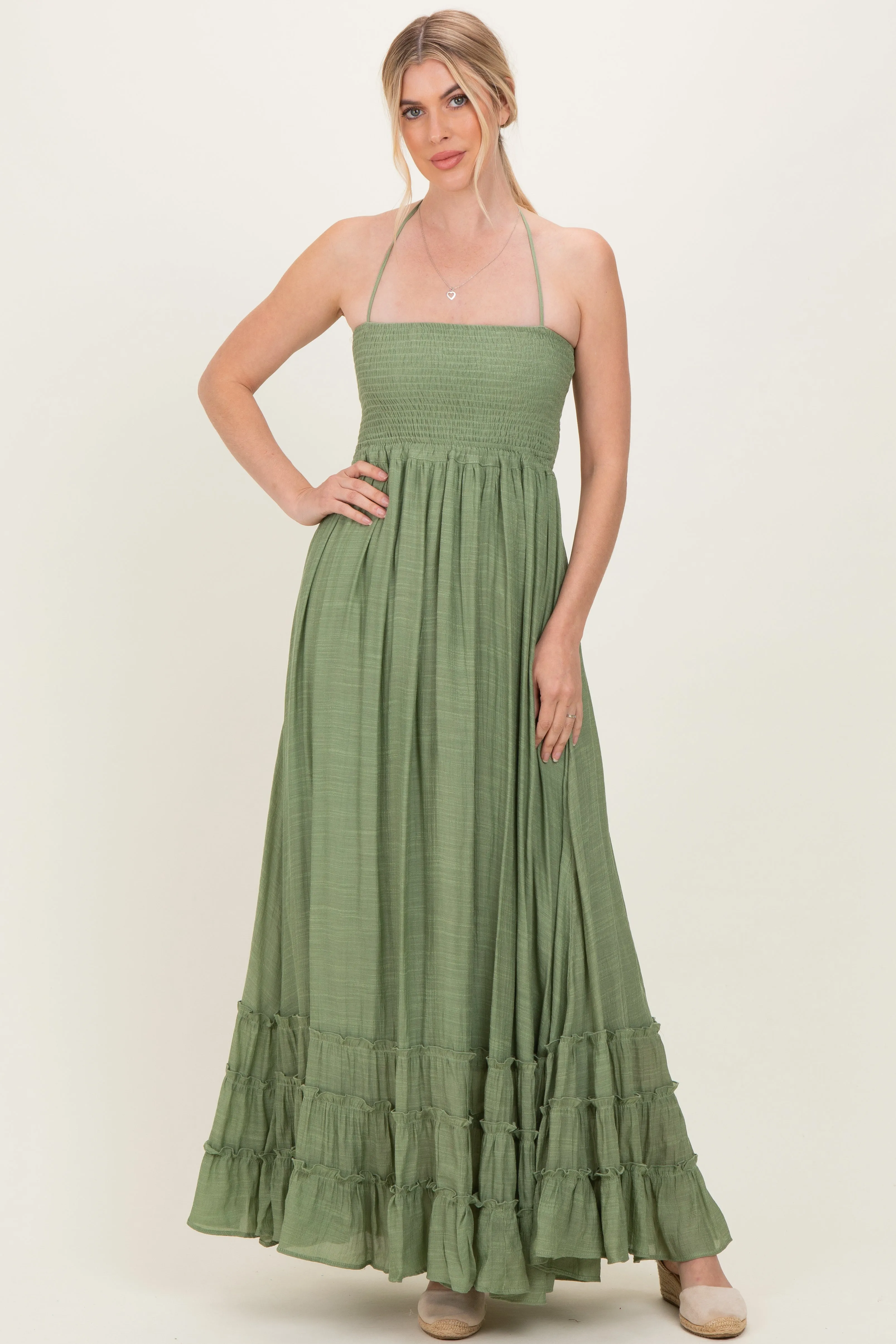 Light Olive Smocked Halter Open Back Maternity Maxi Dress sold by Pinkblush product image thumbnail 4