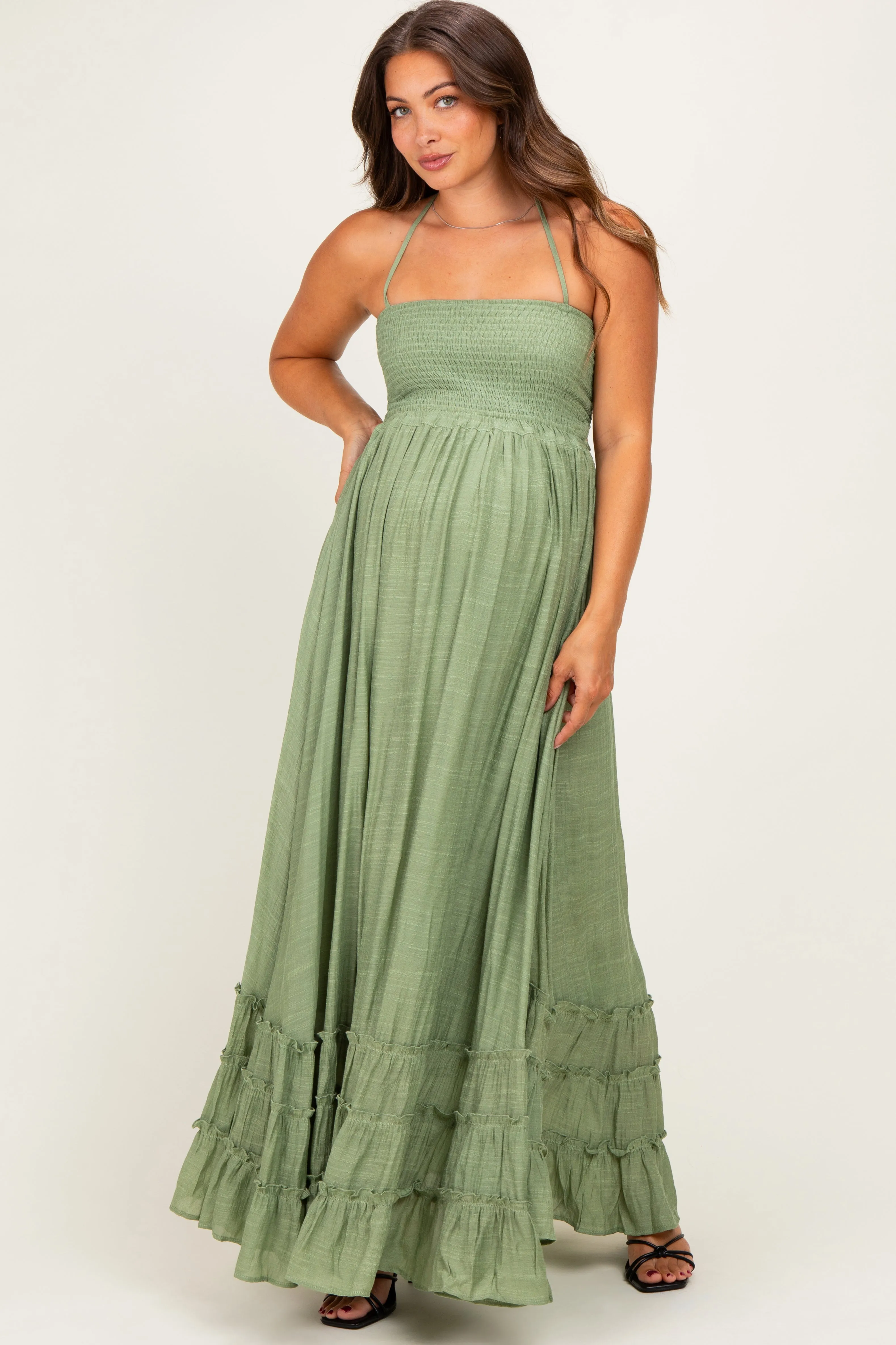 Light Olive Smocked Halter Open Back Maternity Maxi Dress sold by Pinkblush