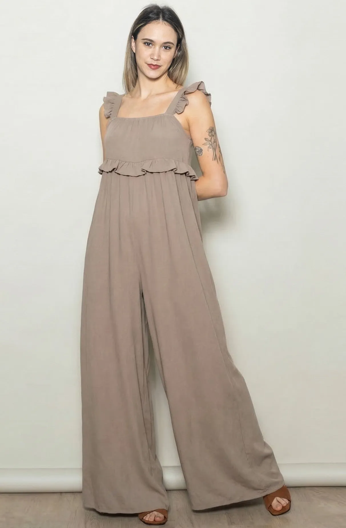 Light Mocha Ruffle Strap Wide Leg Jumpsuit sold by Pinkblush product image thumbnail 2