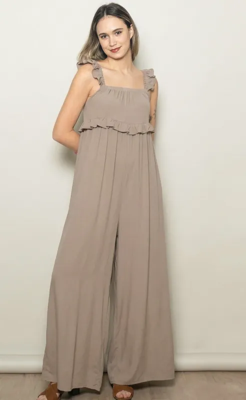 Light Mocha Ruffle Strap Wide Leg Jumpsuit made by Pinkblush