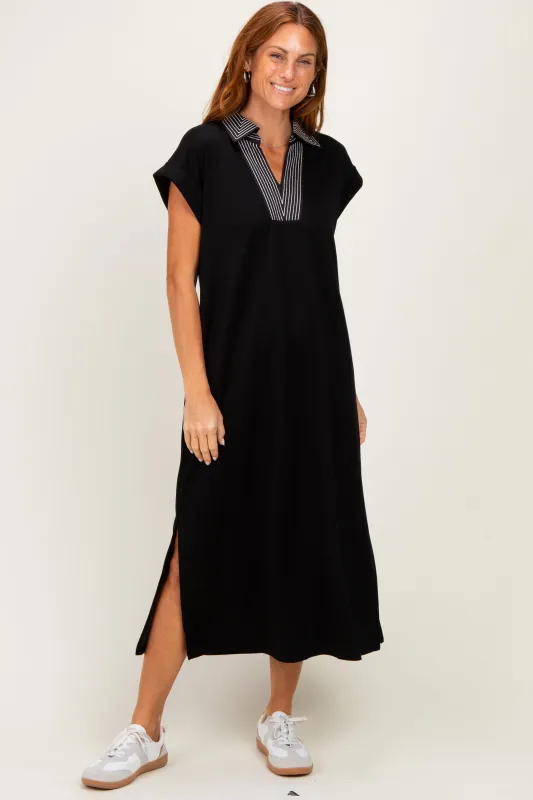 Black Striped Collared Side Slit Midi Dress made by JODIFL