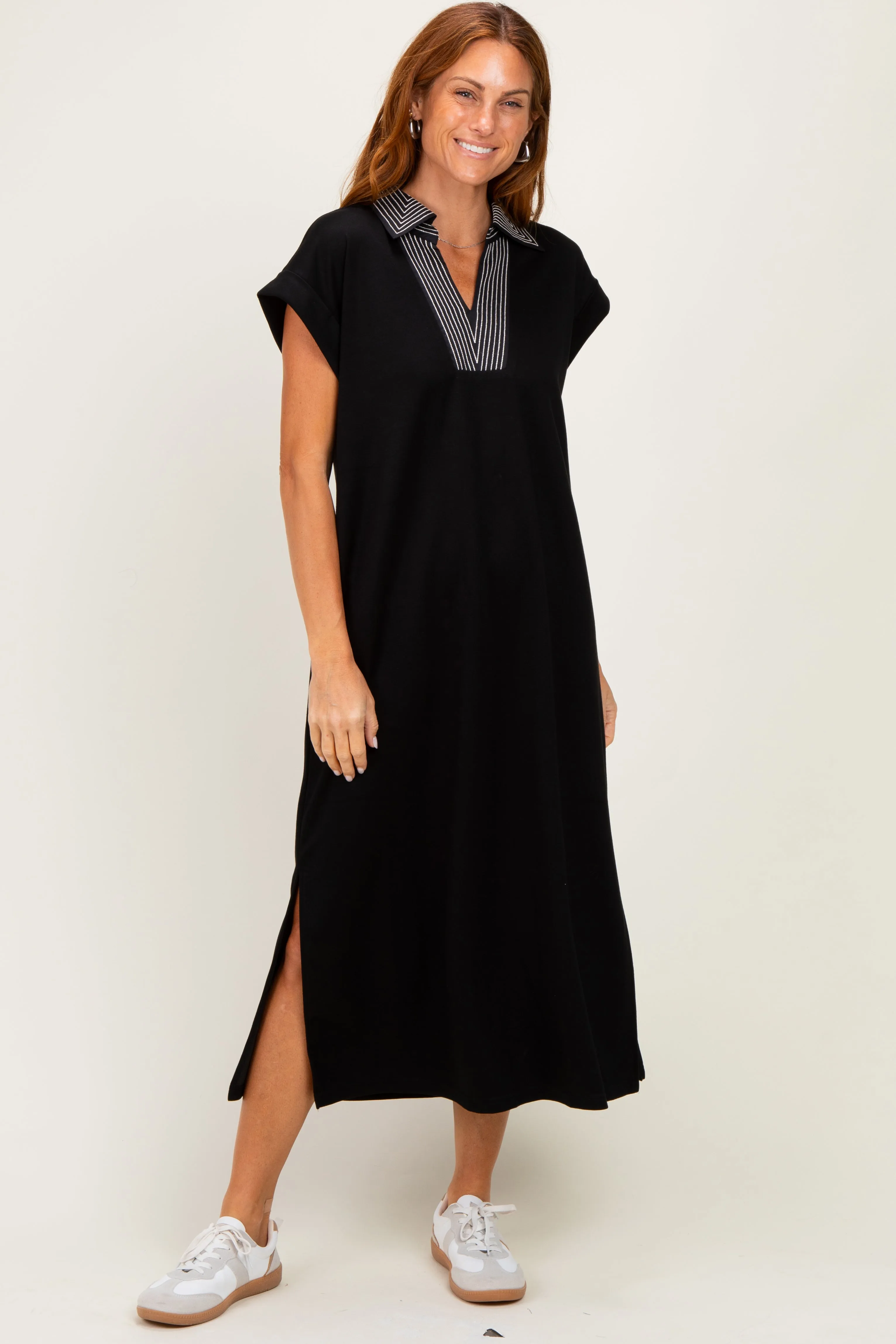 Black Striped Collared Side Slit Midi Dress sold by Pinkblush