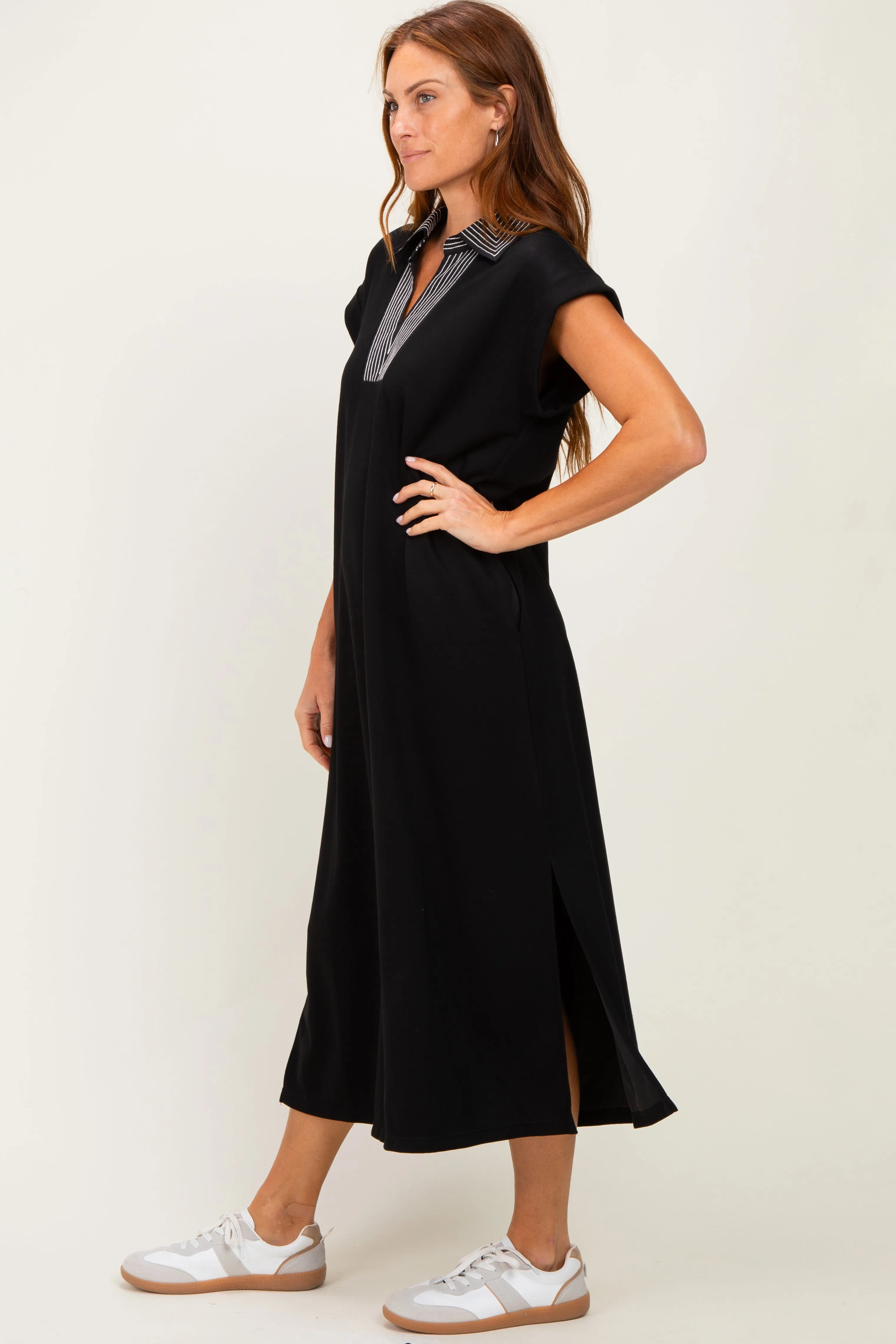 Black Striped Collared Side Slit Midi Dress sold by Pinkblush product image thumbnail 2