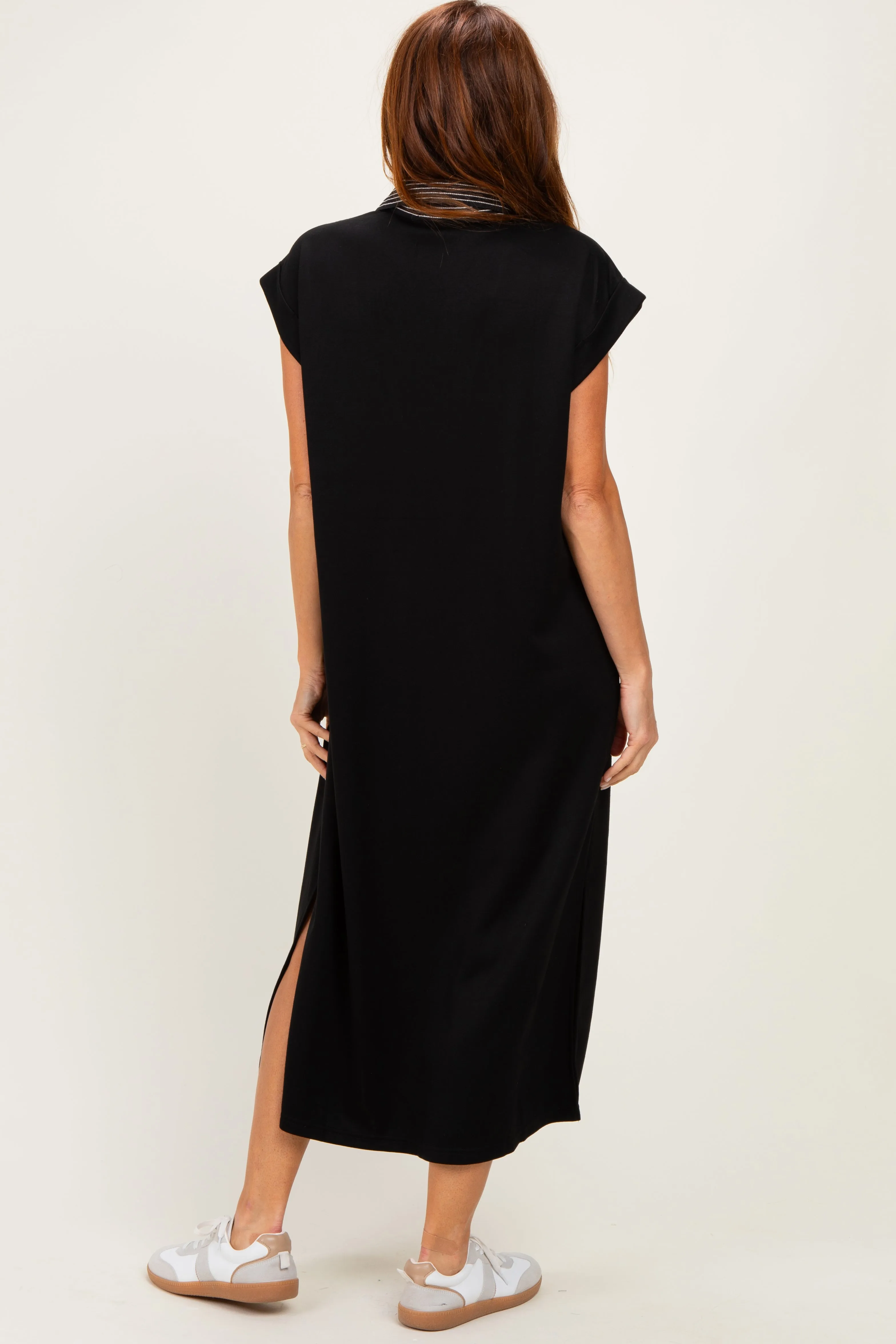 Black Striped Collared Side Slit Midi Dress sold by Pinkblush product image thumbnail 3