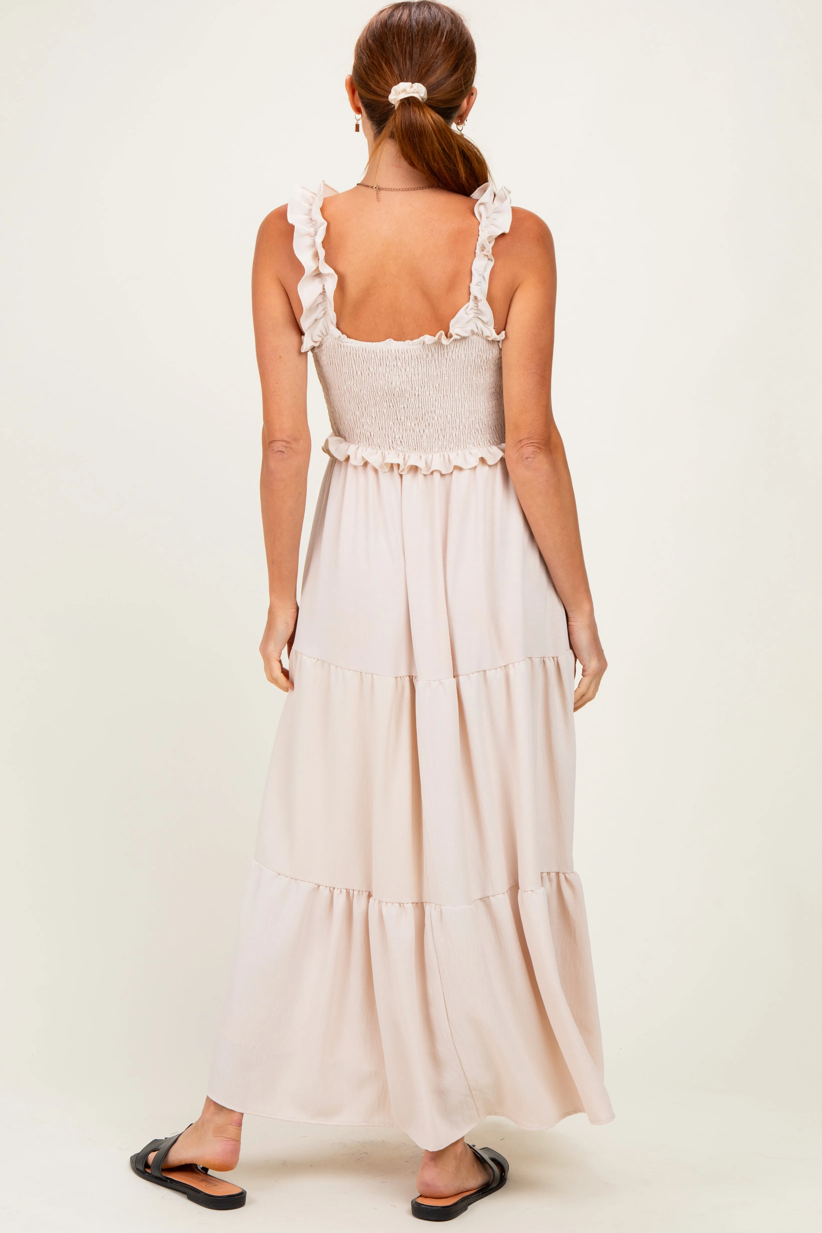 Beige Sleeveless Smocked Tiered Maxi Dress sold by Pinkblush product image thumbnail 3