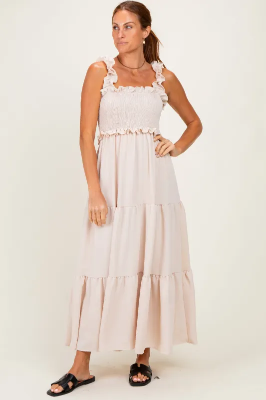 Beige Sleeveless Smocked Tiered Maxi Dress made by Pinkblush