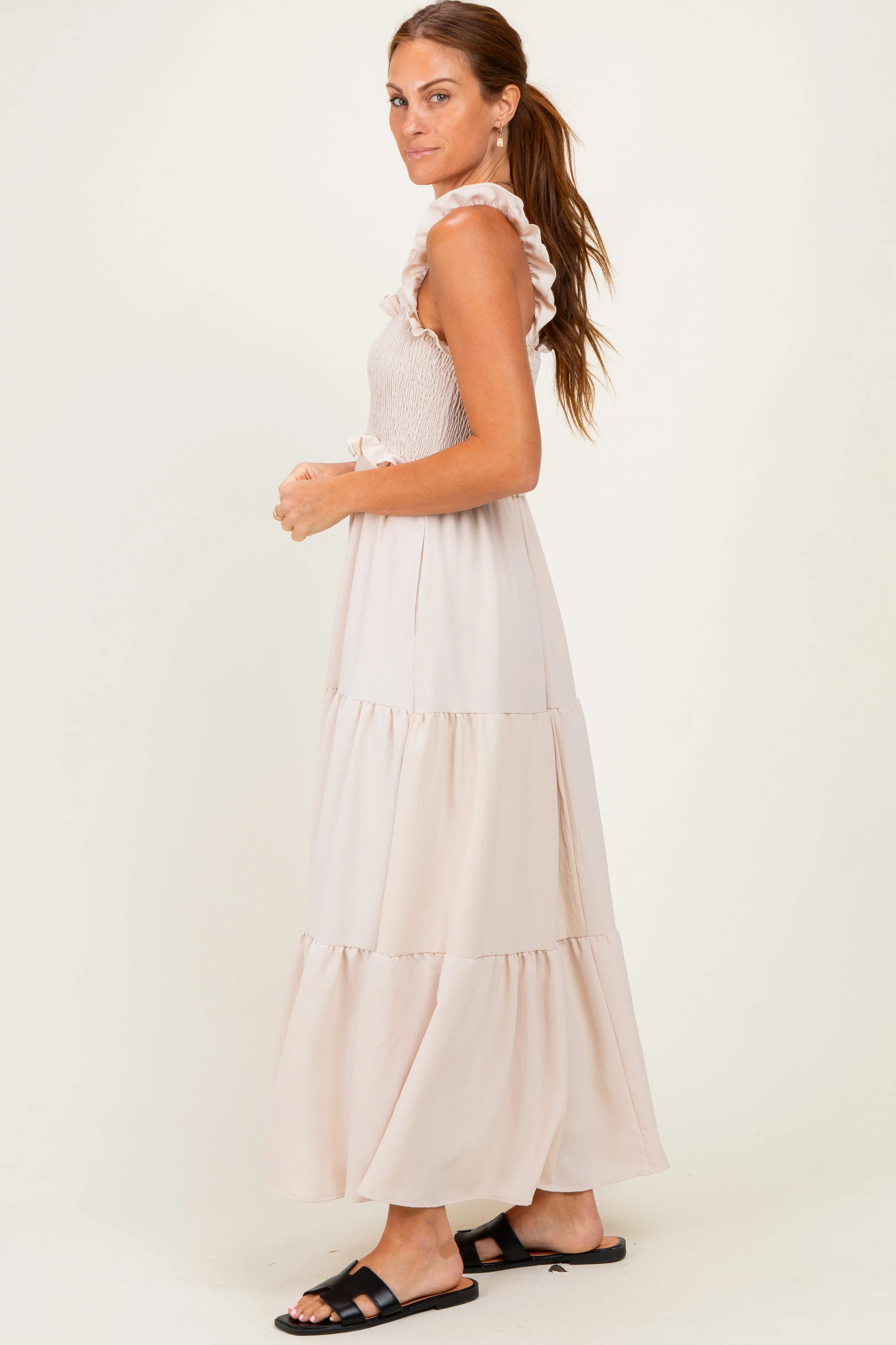 Beige Sleeveless Smocked Tiered Maxi Dress sold by Pinkblush product image thumbnail 2