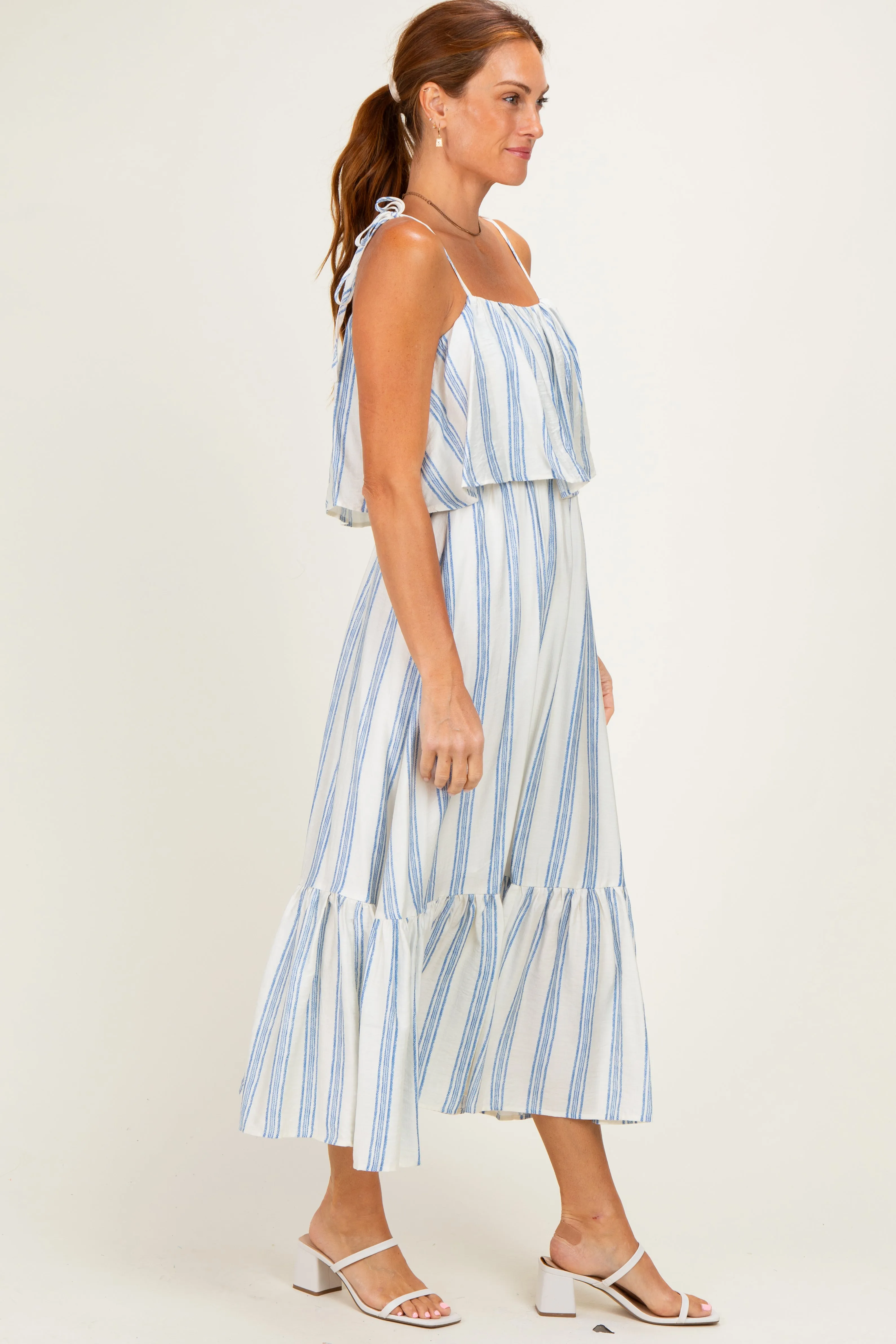 Blue Striped Flounce Shoulder Tie Midi Dress sold by Pinkblush product image thumbnail 2