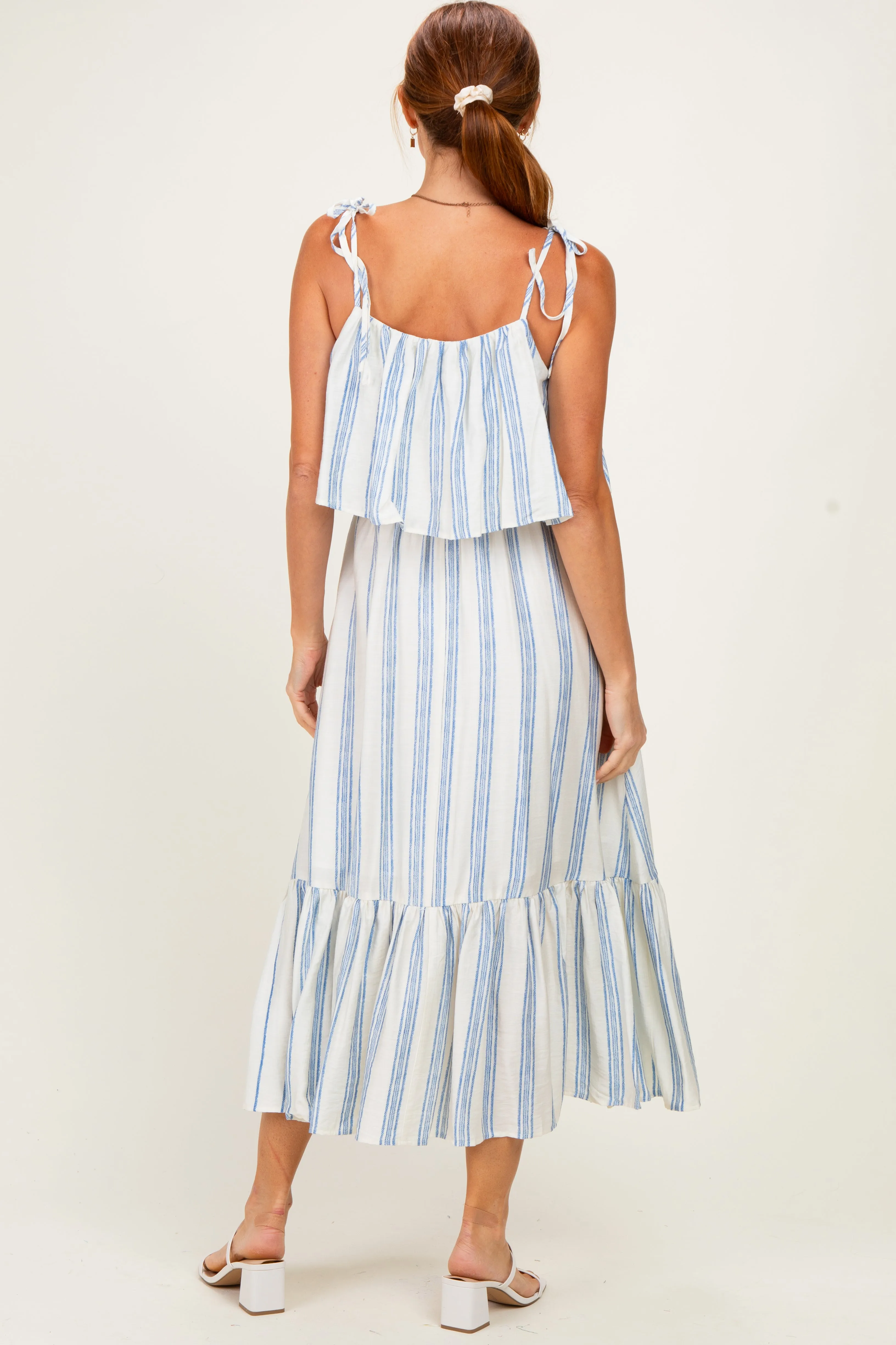 Blue Striped Flounce Shoulder Tie Midi Dress sold by Pinkblush product image thumbnail 3