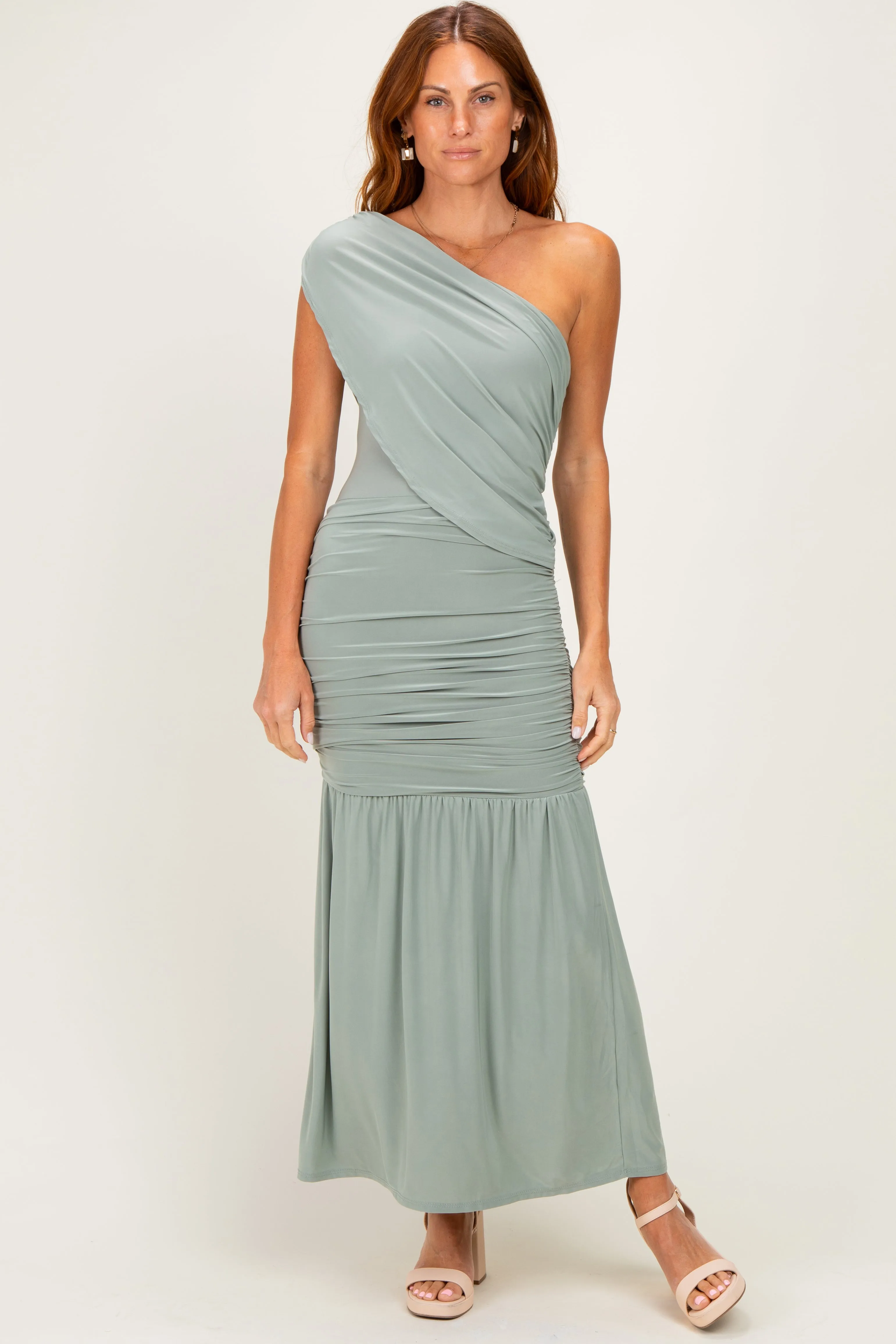 Sage One Shoulder Ruched Maxi Dress sold by Pinkblush