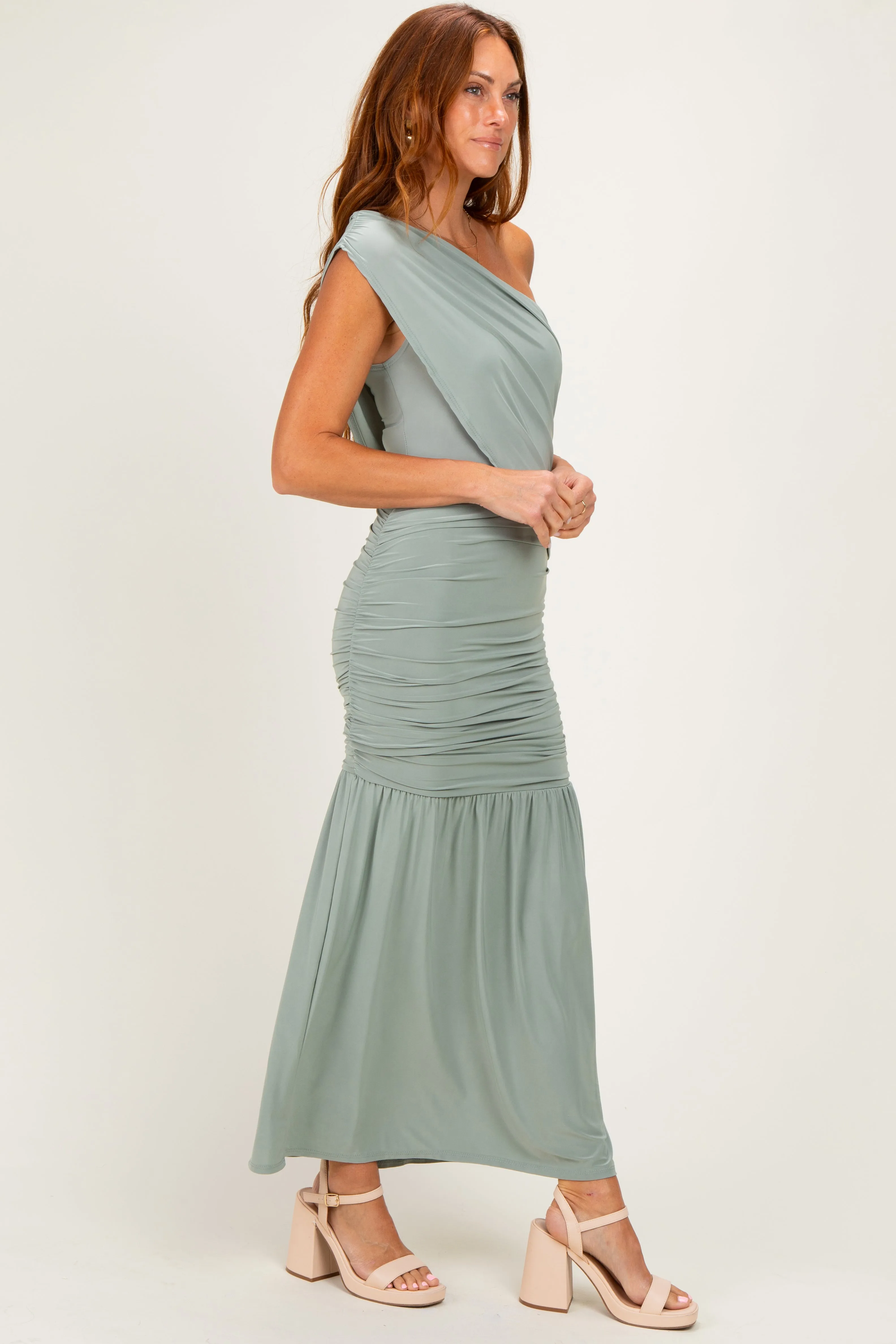 Sage One Shoulder Ruched Maxi Dress sold by Pinkblush product image thumbnail 2