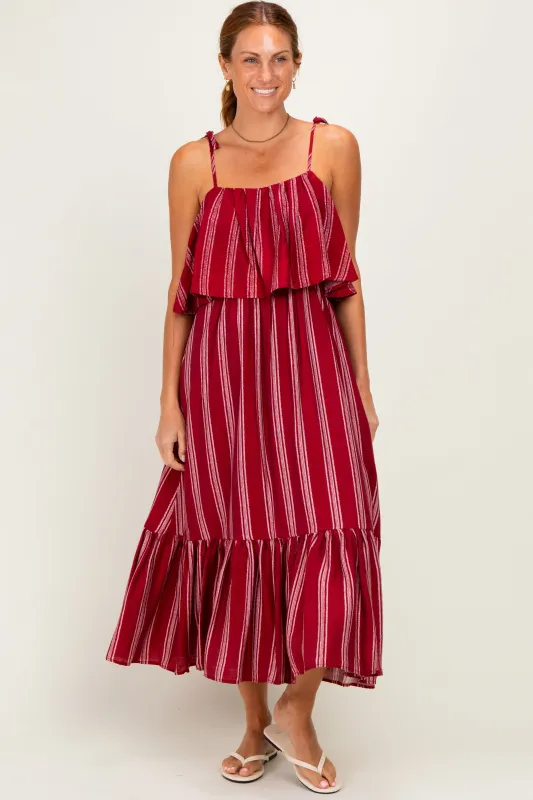 Red Striped Flounce Shoulder Tie Midi Dress made by So Me