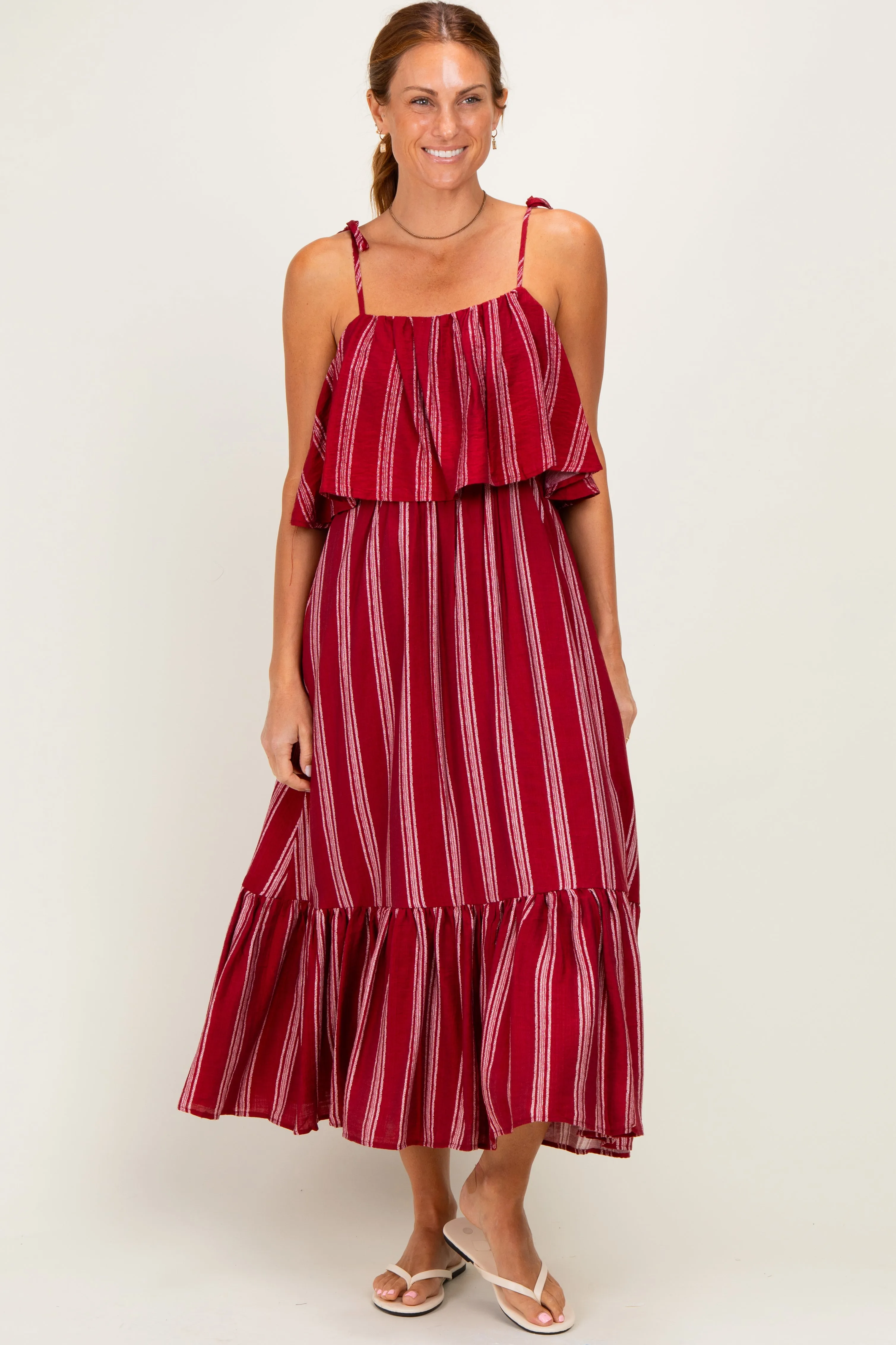 Red Striped Flounce Shoulder Tie Midi Dress sold by Pinkblush