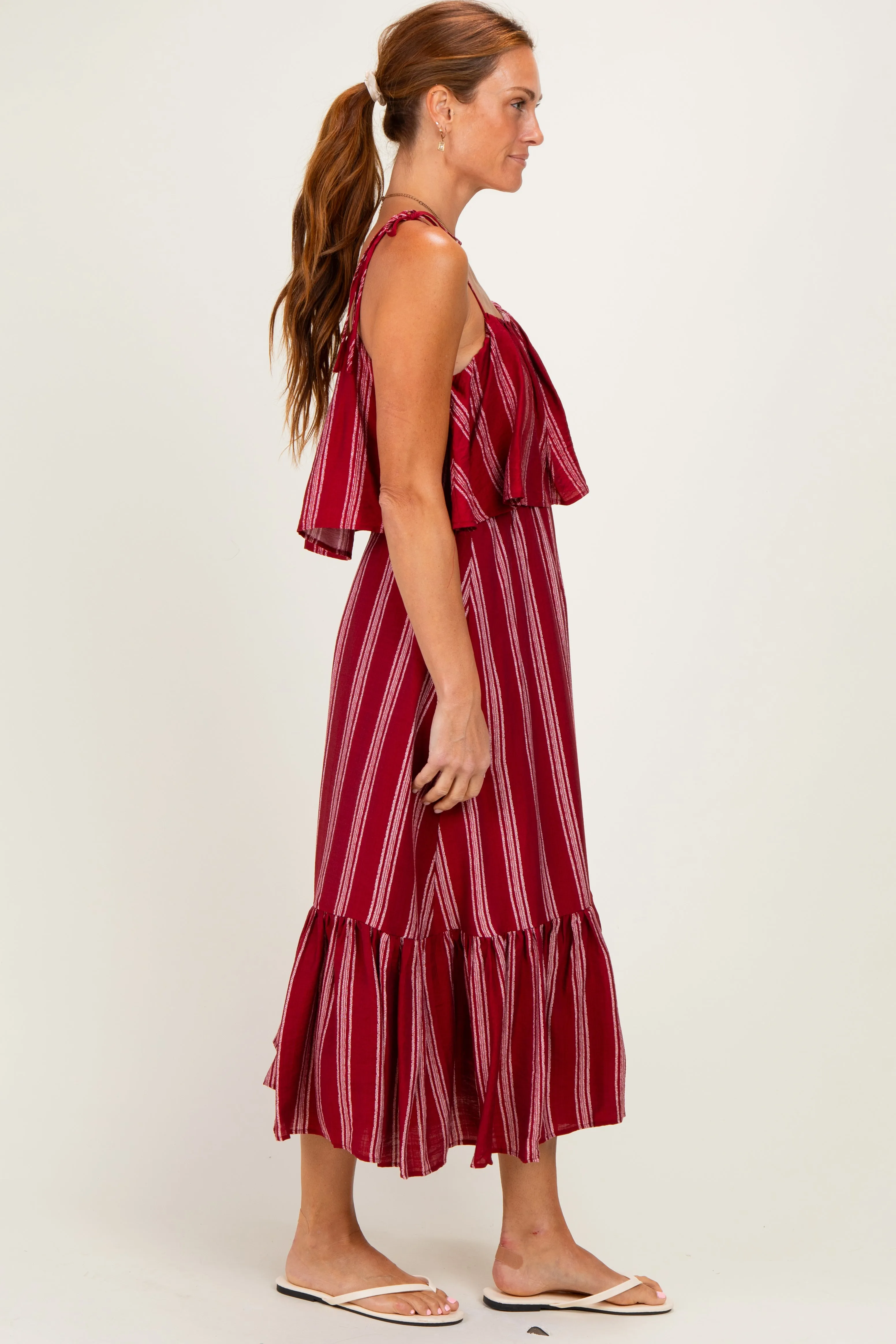 Red Striped Flounce Shoulder Tie Midi Dress sold by Pinkblush product image thumbnail 2