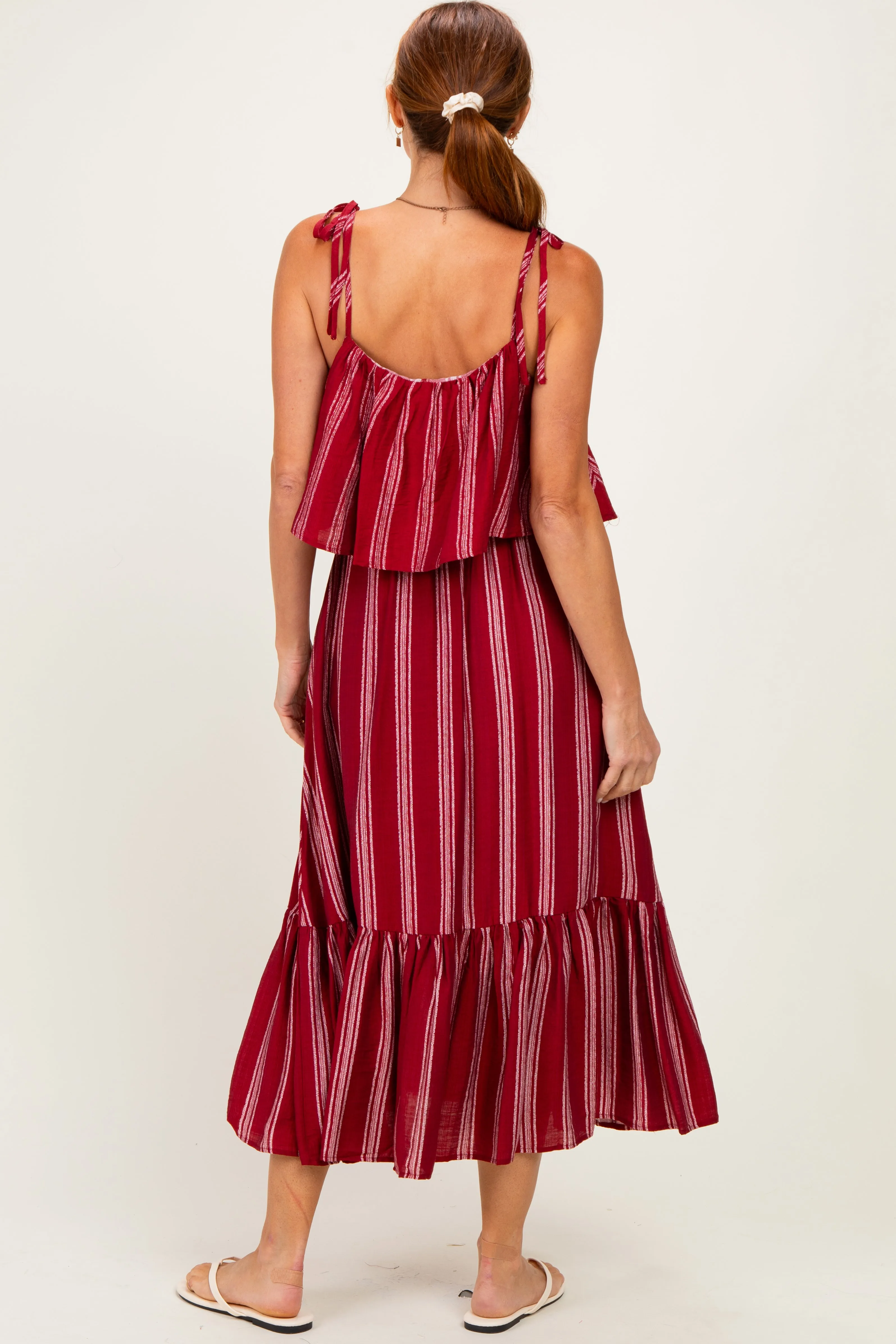 Red Striped Flounce Shoulder Tie Midi Dress sold by Pinkblush product image thumbnail 3