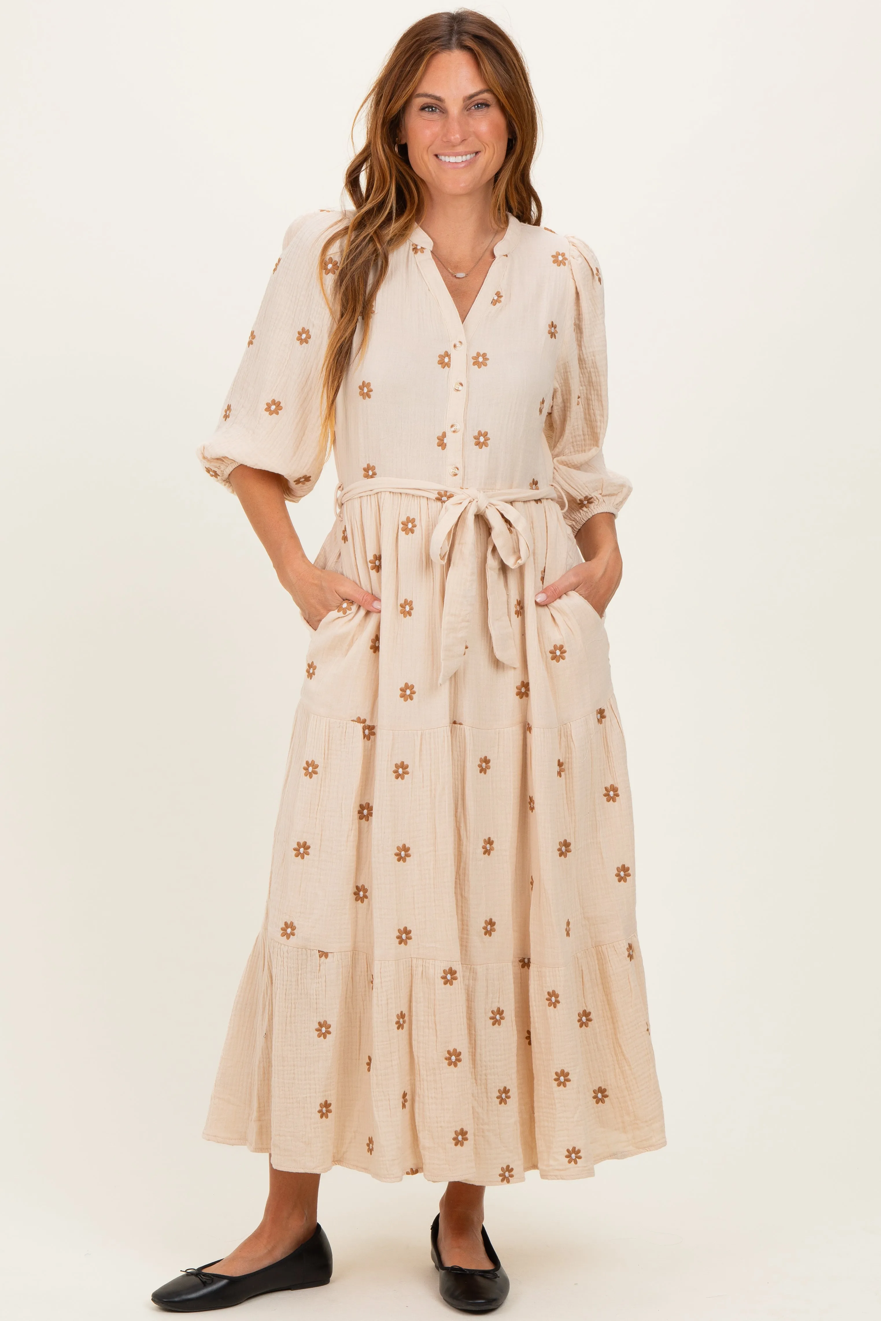 Brown Floral Cotton Gauze Tiered Maternity Midi Dress sold by Pinkblush product image thumbnail 4