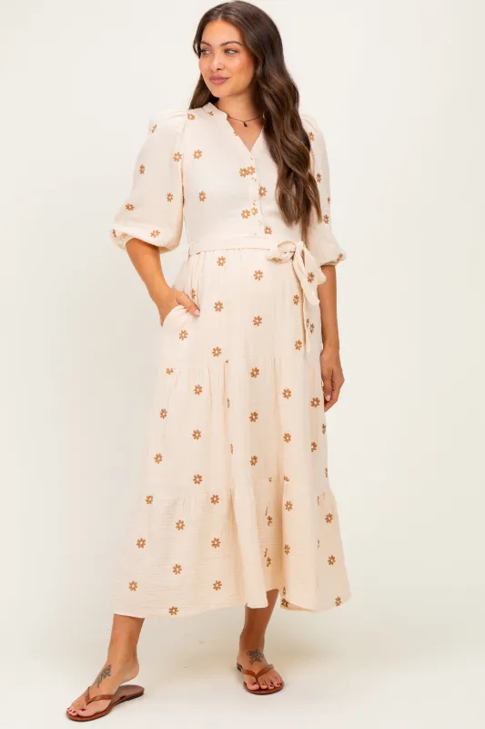 Brown Floral Cotton Gauze Tiered Maternity Midi Dress made by Polagram