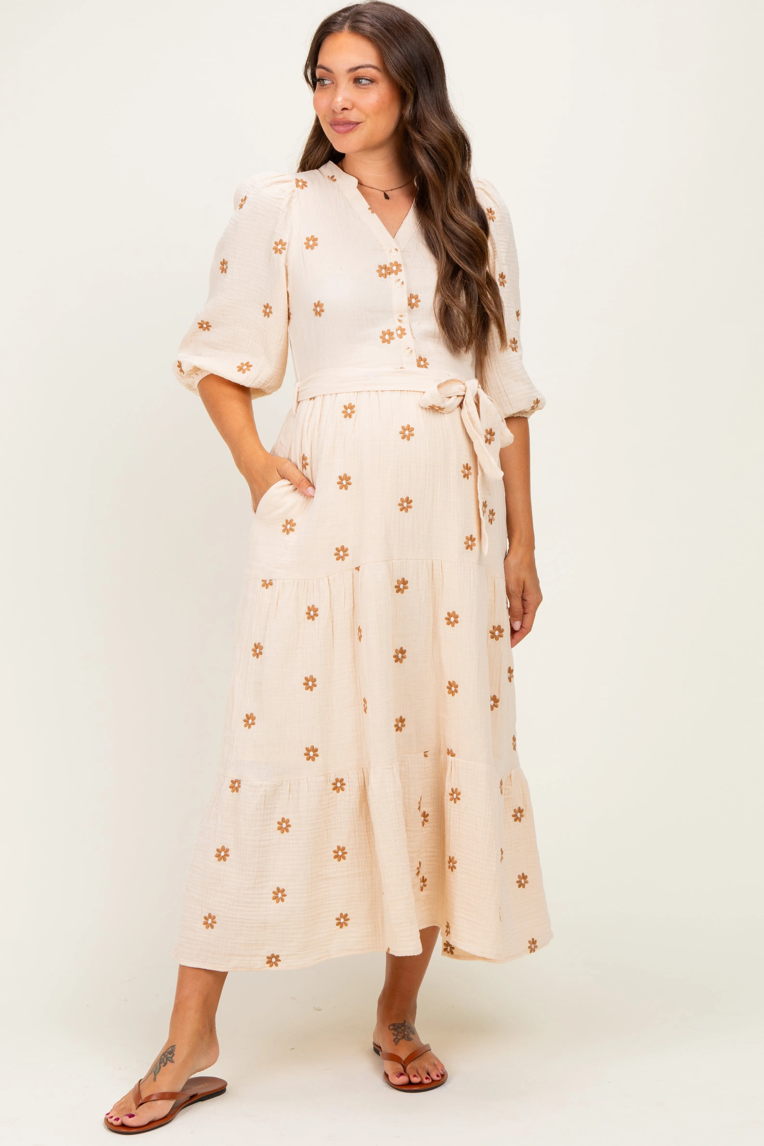 Brown Floral Cotton Gauze Tiered Maternity Midi Dress sold by Pinkblush