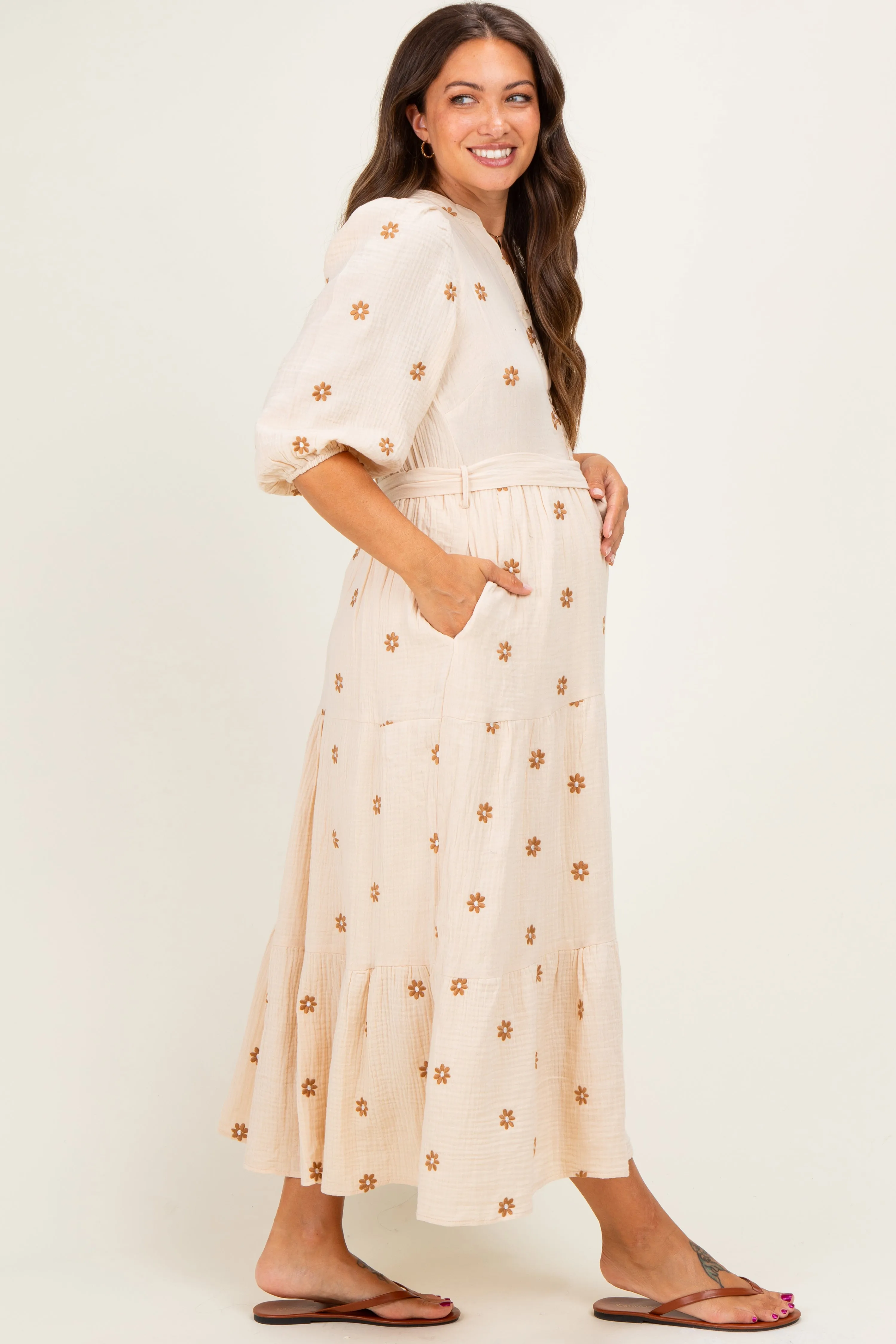 Brown Floral Cotton Gauze Tiered Maternity Midi Dress sold by Pinkblush product image thumbnail 2