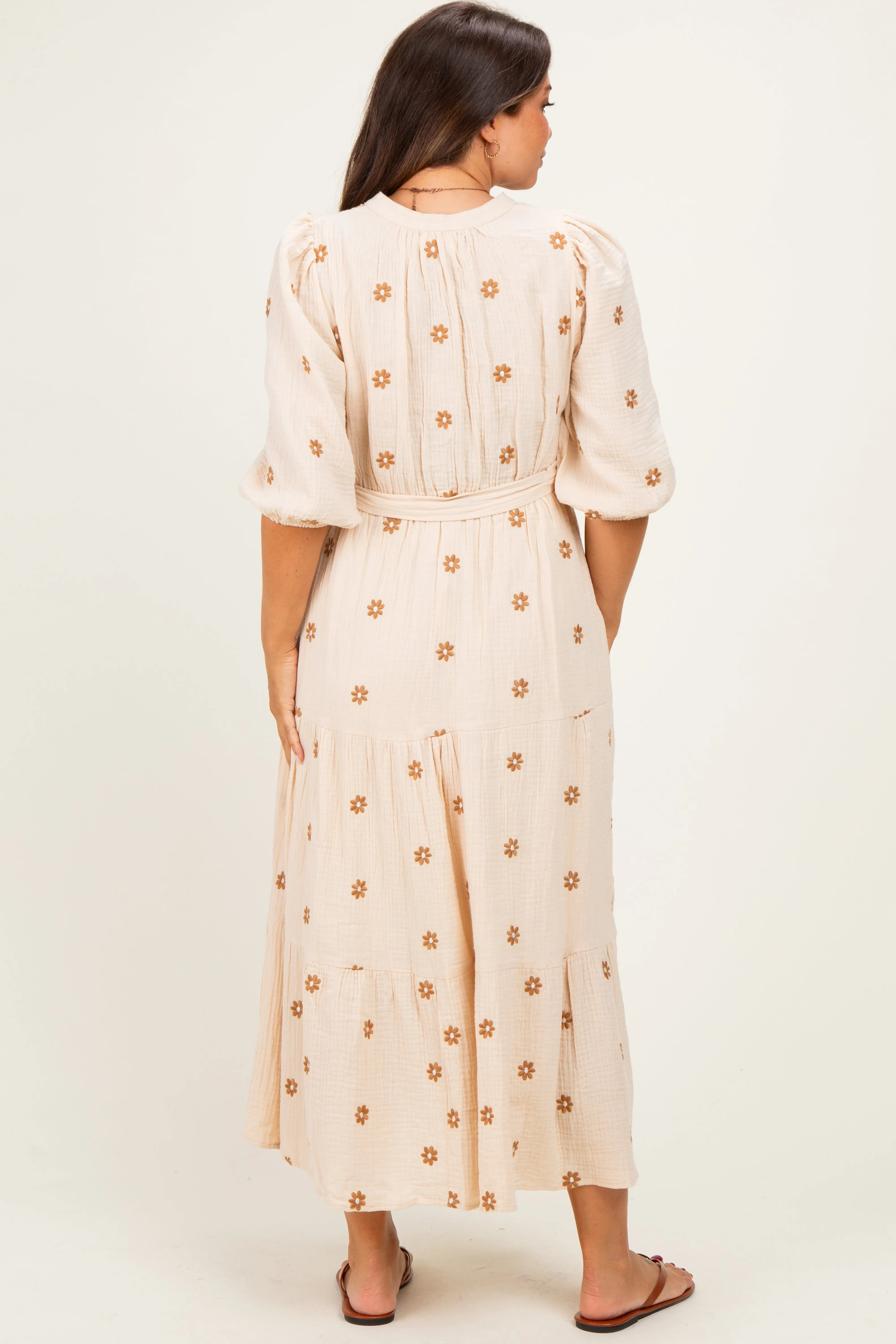Brown Floral Cotton Gauze Tiered Maternity Midi Dress sold by Pinkblush product image thumbnail 3