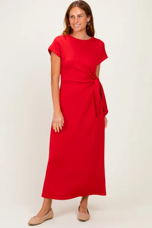 Red Side Tie Short Sleeve Midi Dress made by entro