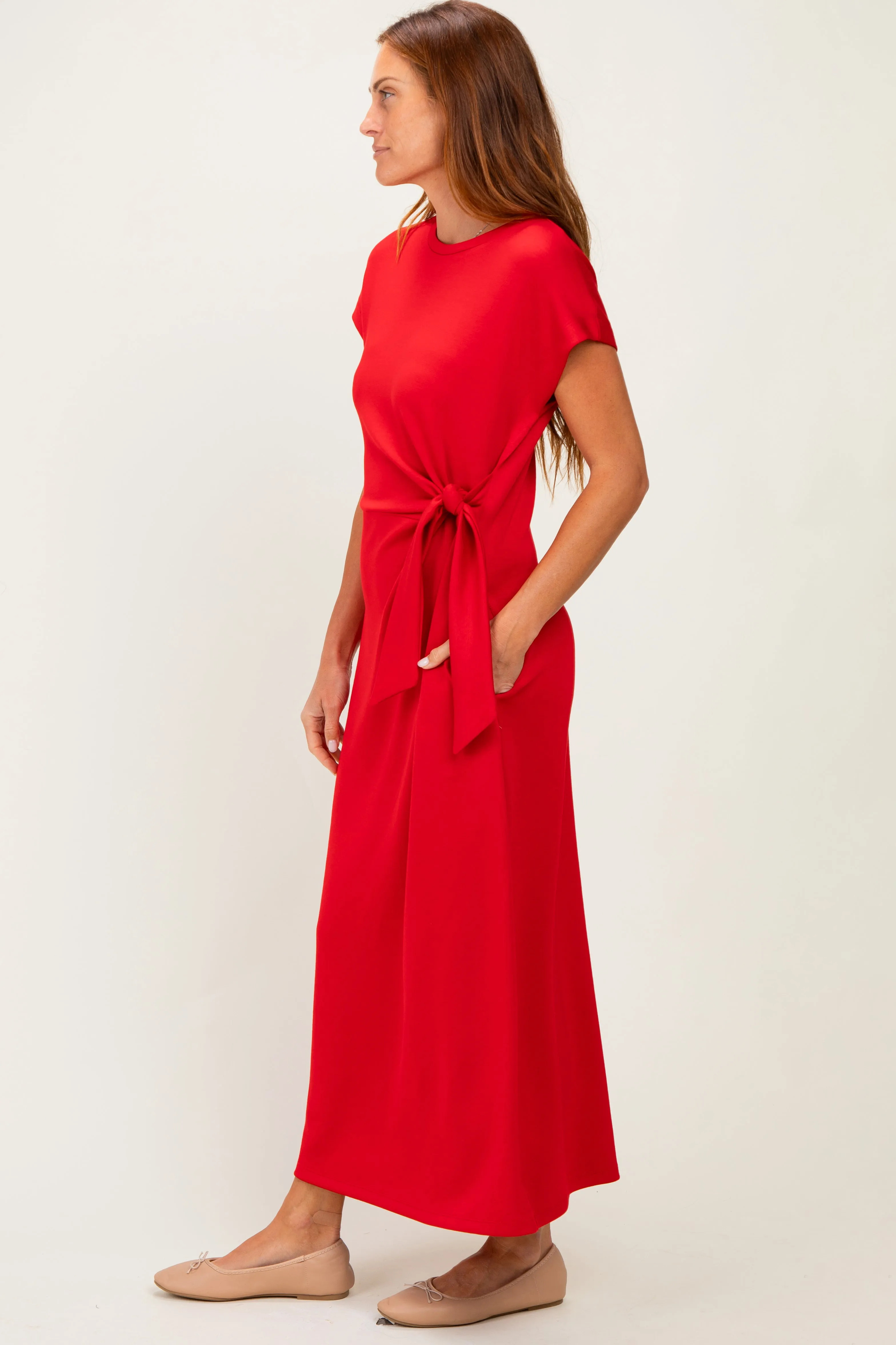 Red Side Tie Short Sleeve Midi Dress sold by Pinkblush product image thumbnail 2
