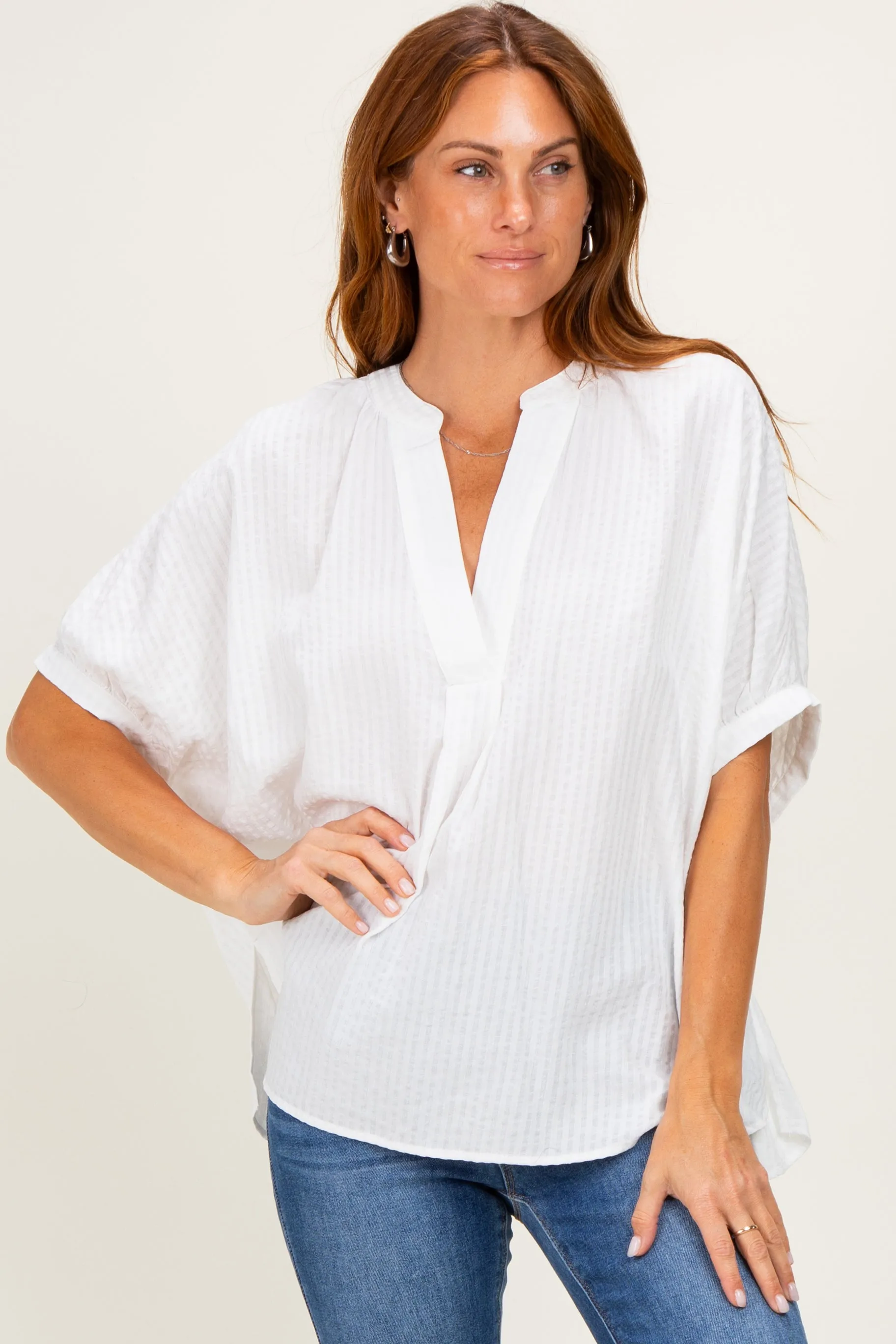 Off White Textured Stripe Oversized Blouse sold by Pinkblush