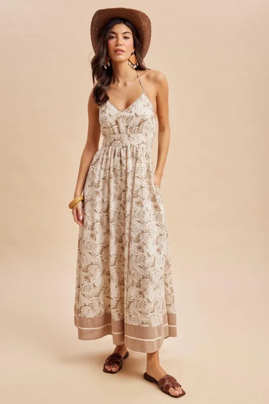 Beige Printed Cutout Tie Back Maxi Dress made by Inloom