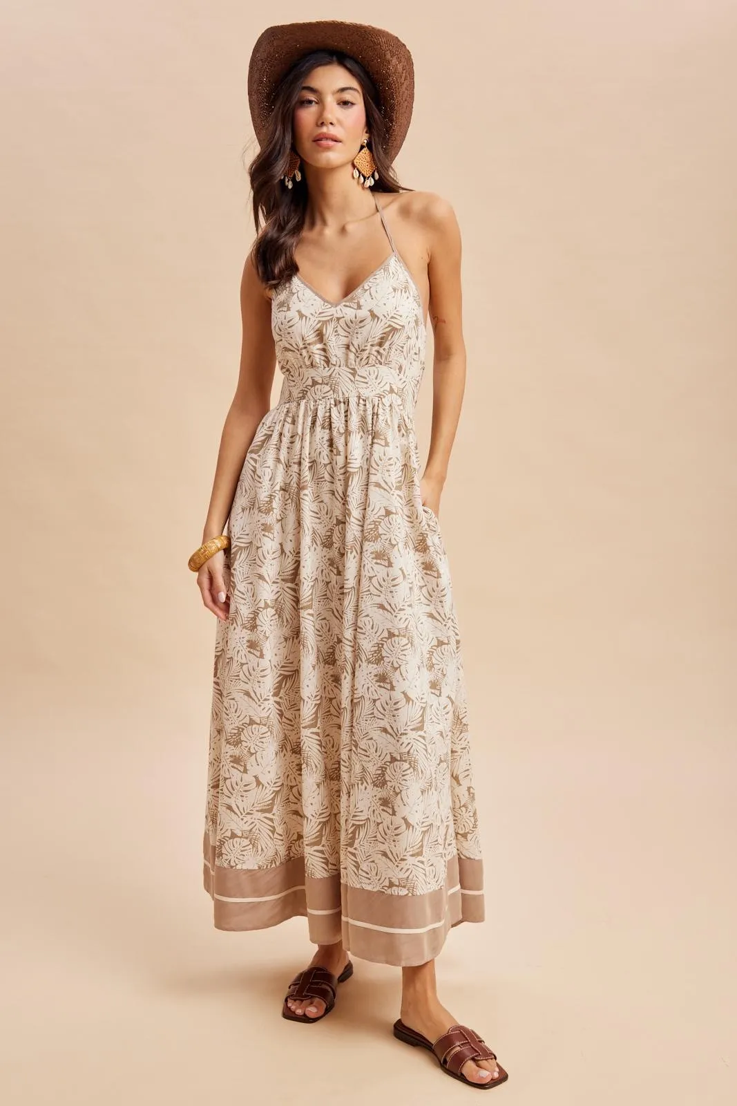 Beige Printed Cutout Tie Back Maxi Dress sold by Pinkblush