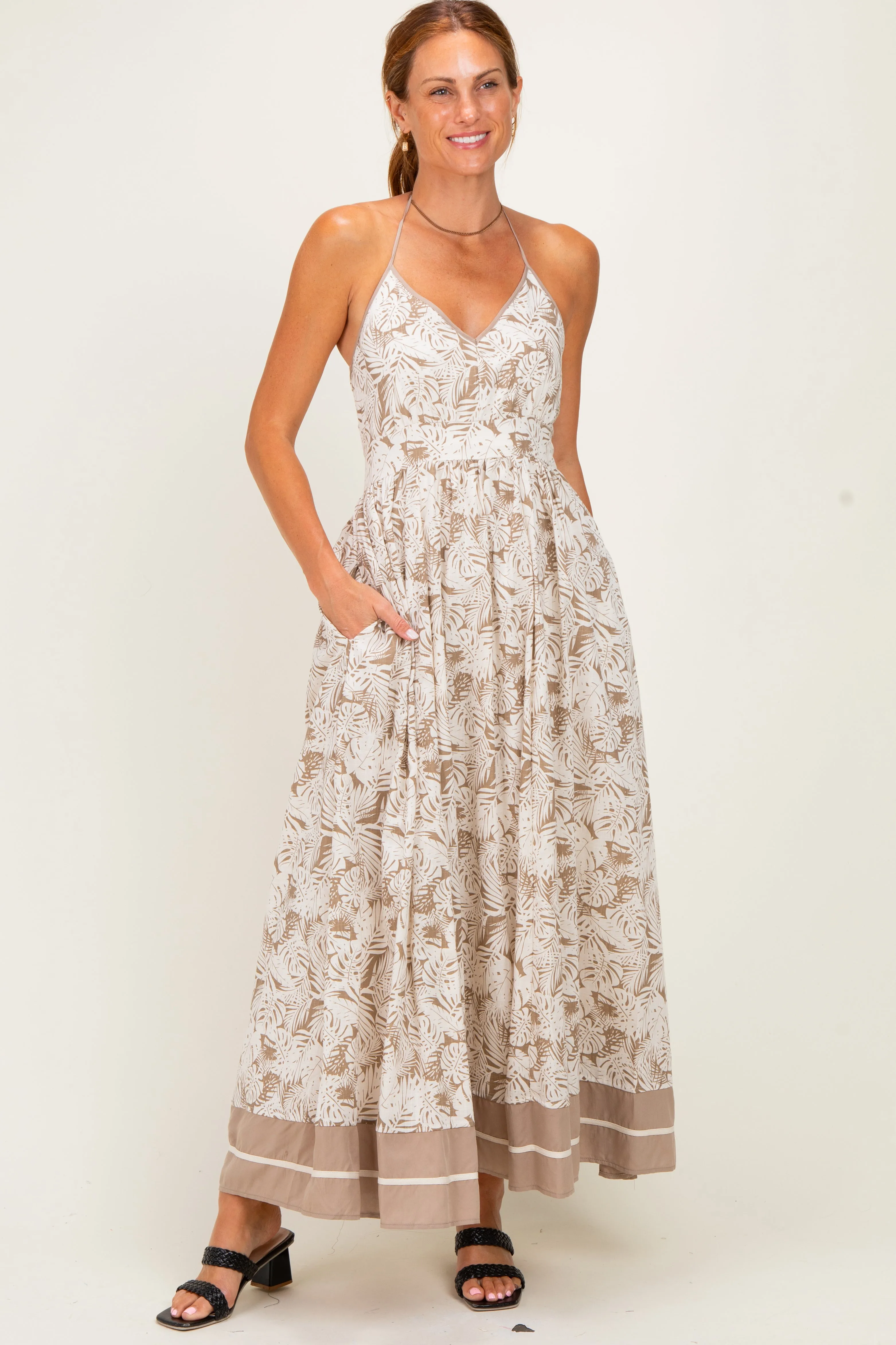 Beige Printed Cutout Tie Back Maxi Dress sold by Pinkblush product image thumbnail 3