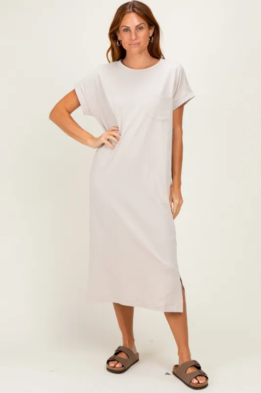 Sand Beige Pocket Front Midi T-Shirt Dress made by Zenana Outfitters