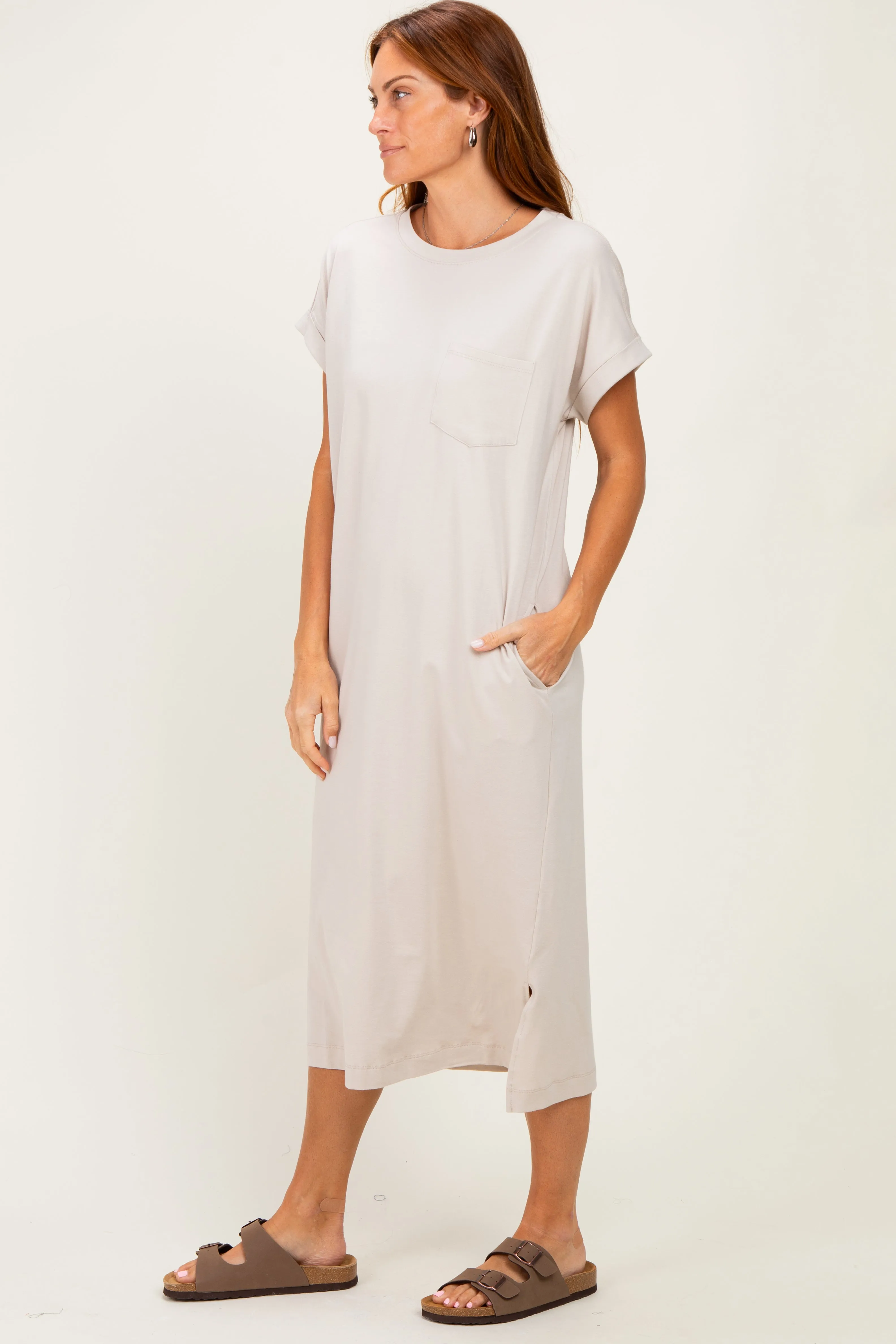 Sand Beige Pocket Front Midi T-Shirt Dress sold by Pinkblush product image thumbnail 2
