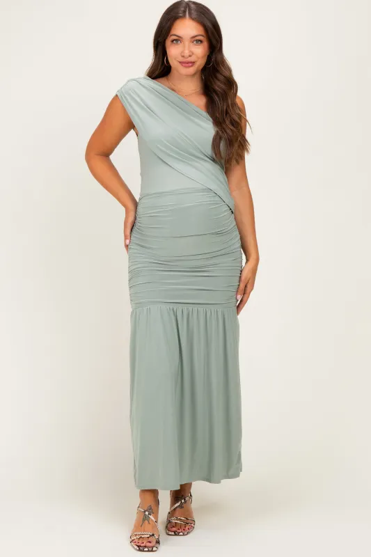 Sage One Shoulder Ruched Maternity Maxi Dress made by Pinkblush