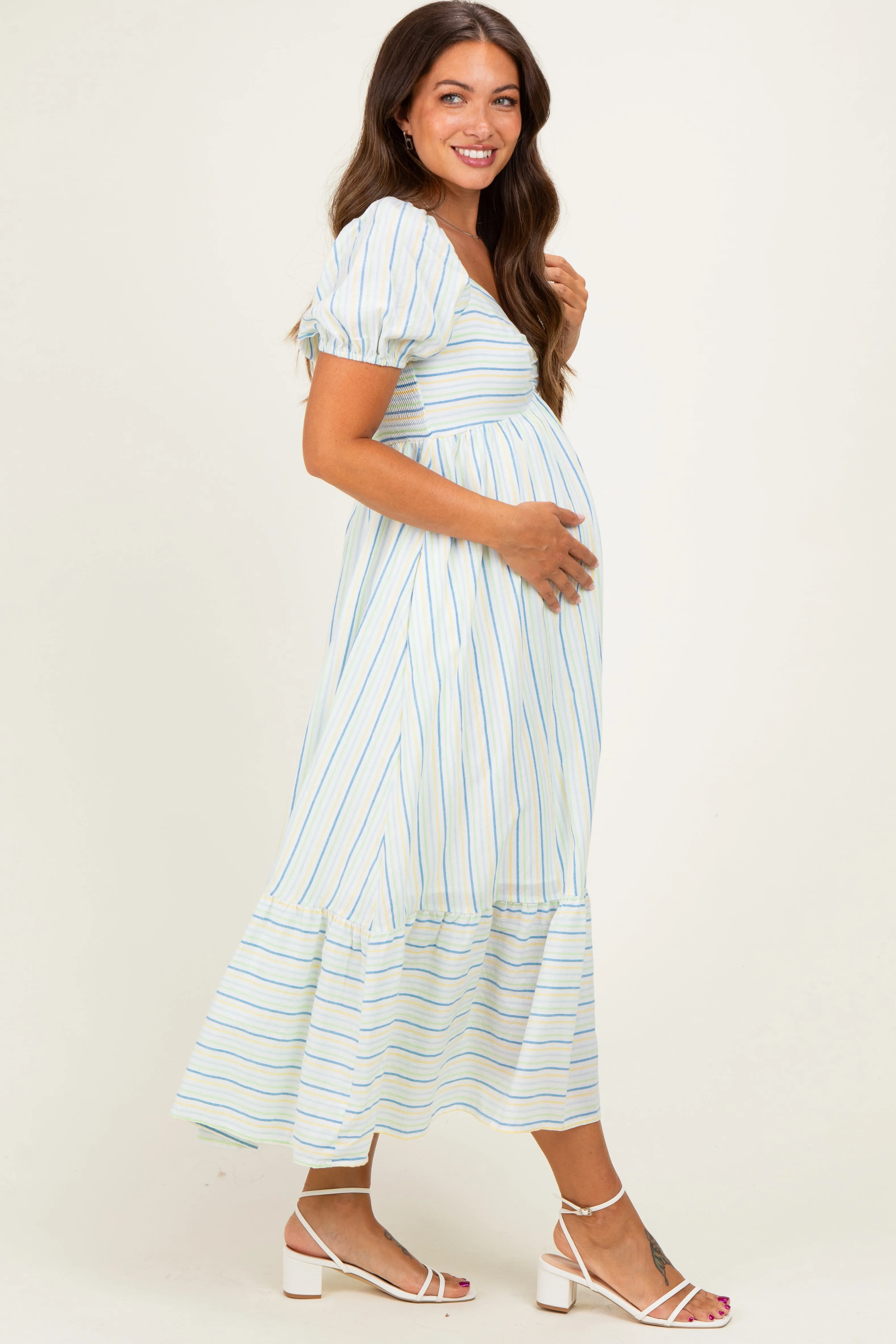 Lime Stripe Sweetheart Neckline Maternity Midi Dress sold by Pinkblush product image thumbnail 3