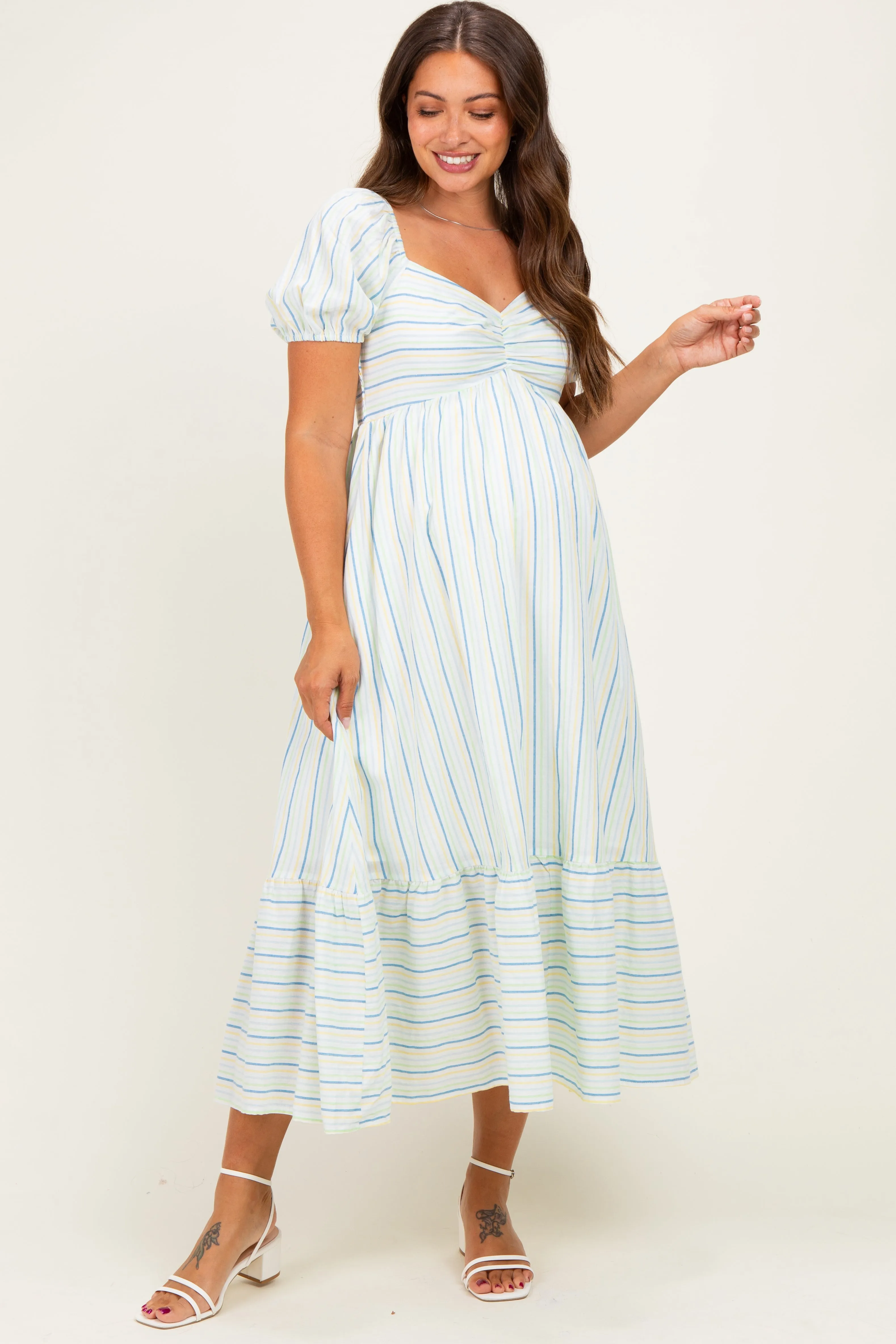 Lime Stripe Sweetheart Neckline Maternity Midi Dress sold by Pinkblush
