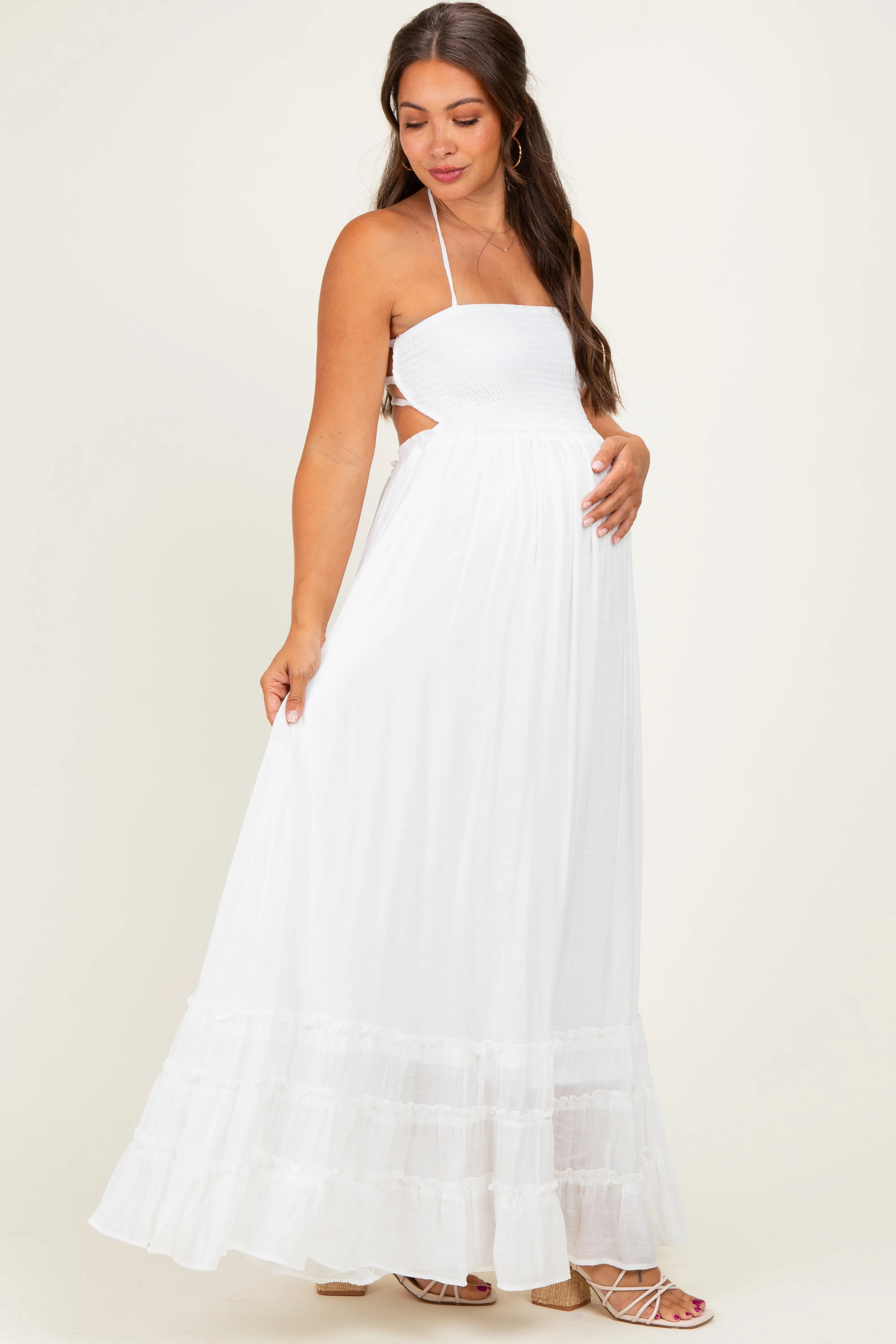 White Smocked Halter Open Back Maternity Maxi Dress sold by Pinkblush product image thumbnail 2