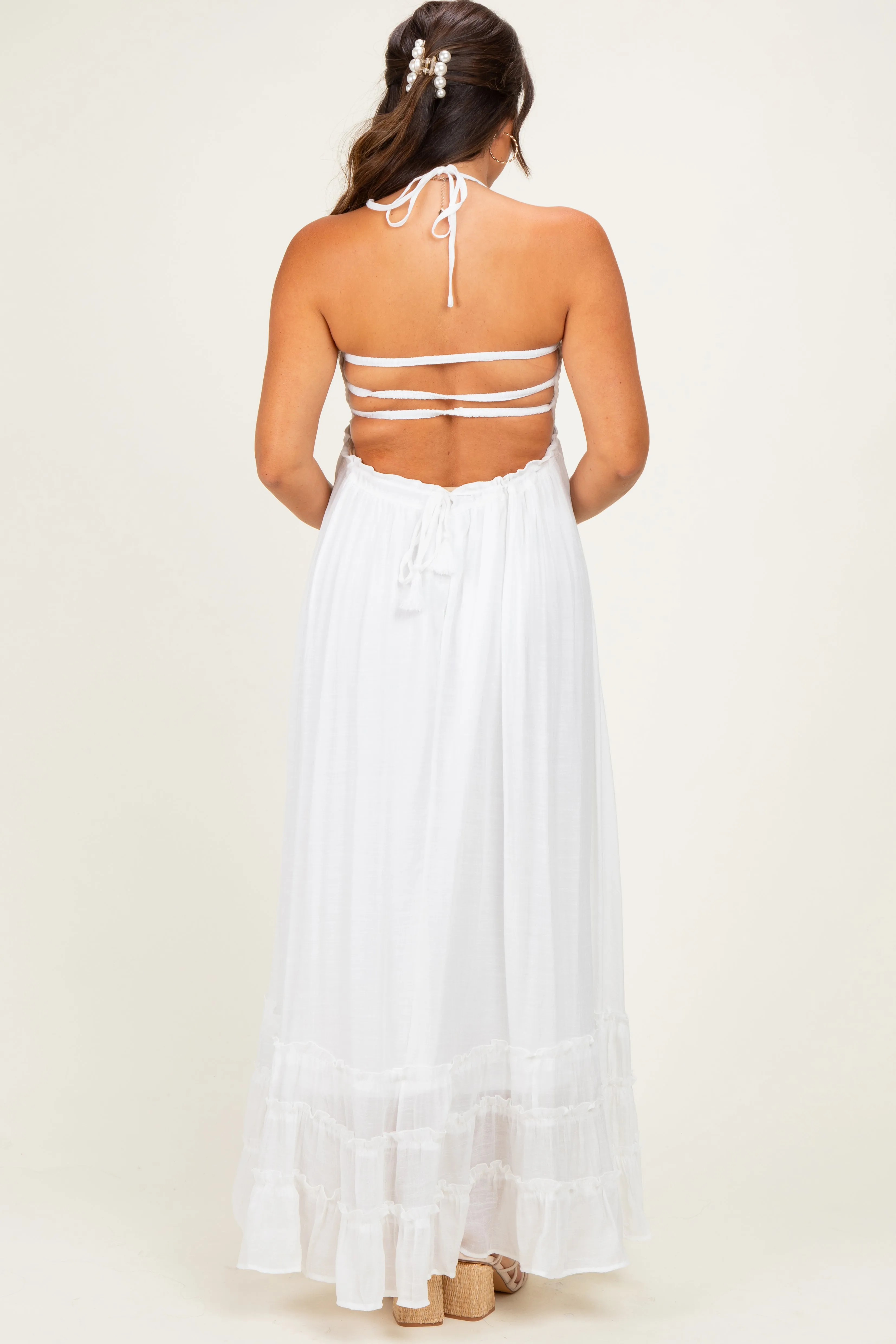 White Smocked Halter Open Back Maternity Maxi Dress sold by Pinkblush product image thumbnail 3