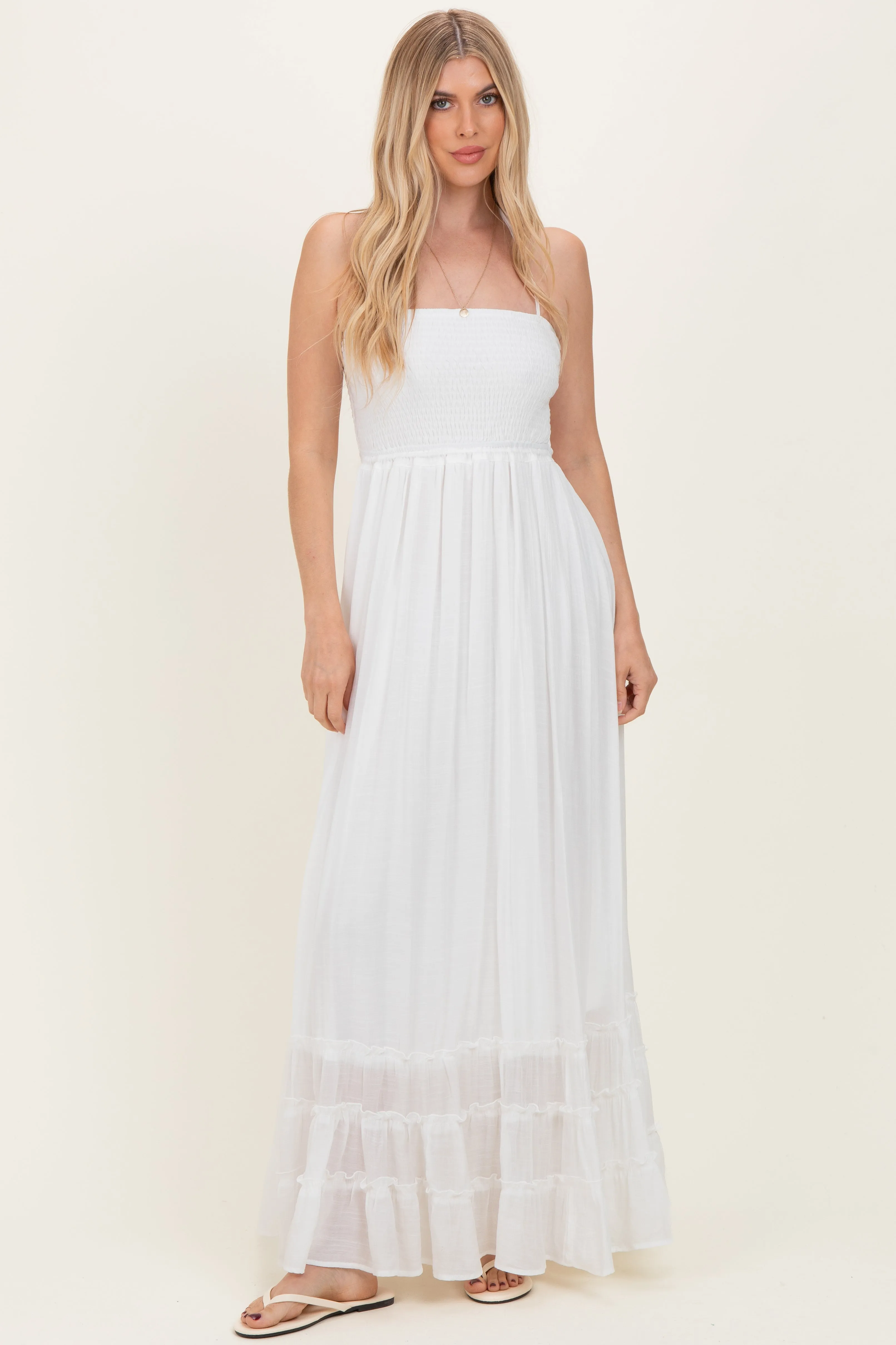White Smocked Halter Open Back Maternity Maxi Dress sold by Pinkblush product image thumbnail 4