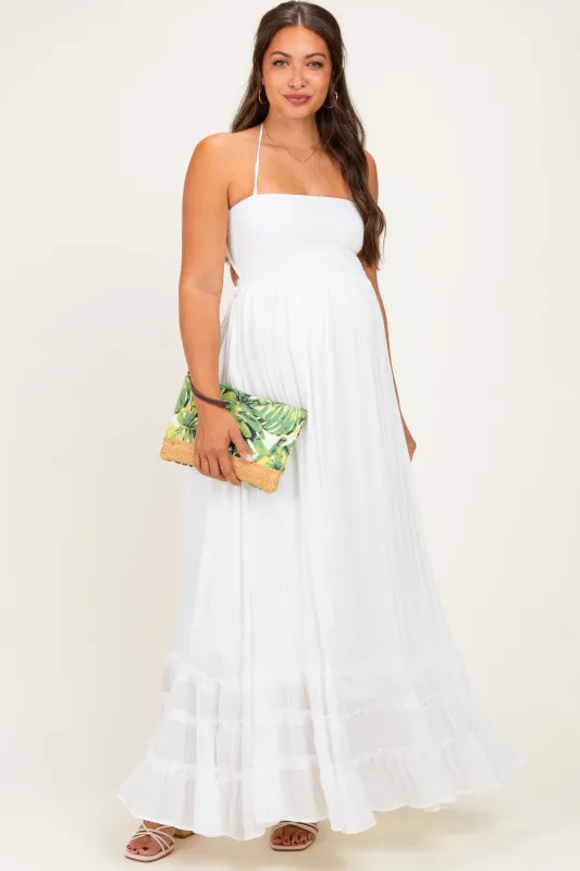 White Smocked Halter Open Back Maternity Maxi Dress made by HYFVE