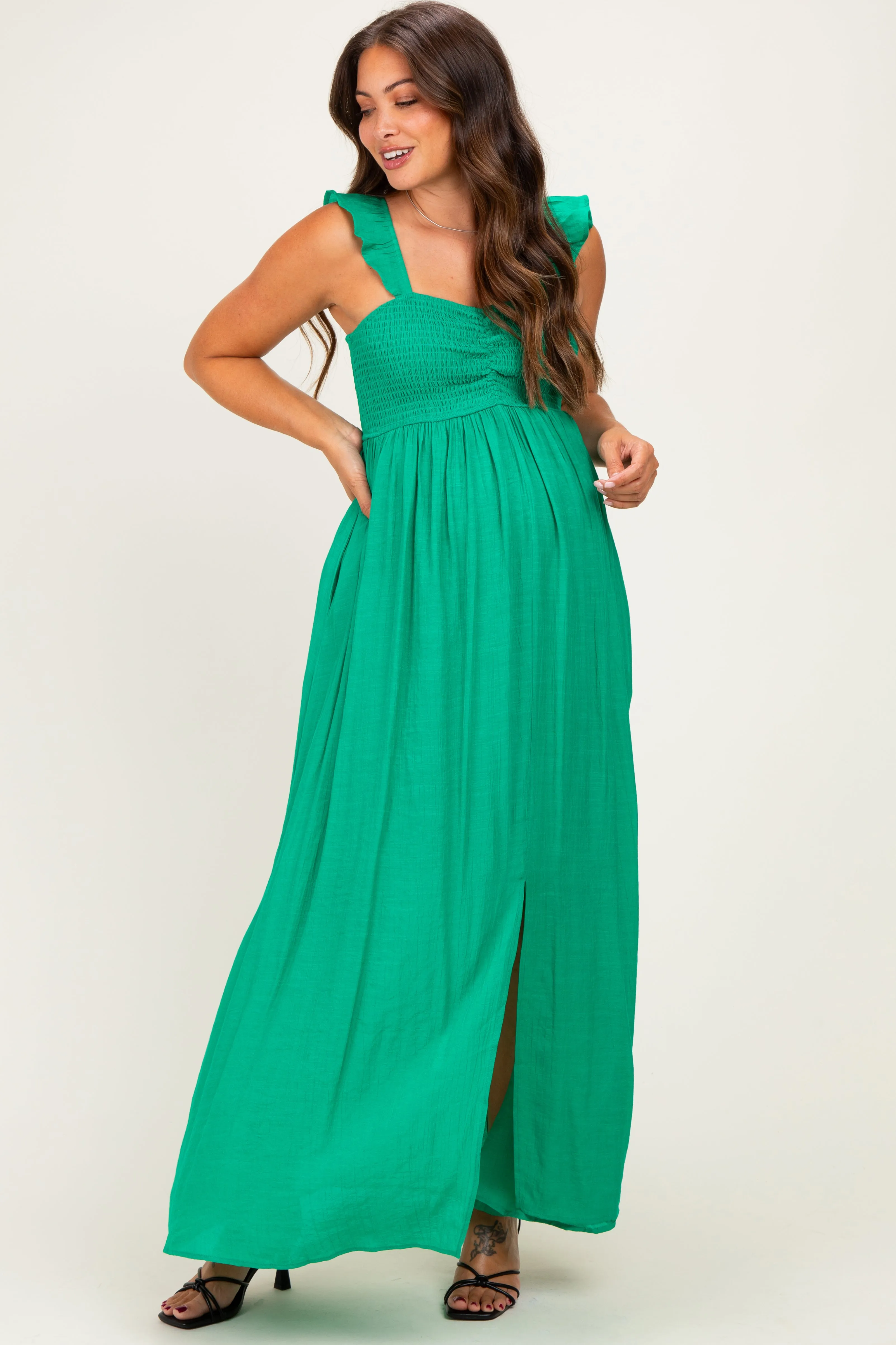 Green Cinched Smocked Bust Sleeveless Maternity Maxi Dress sold by Pinkblush