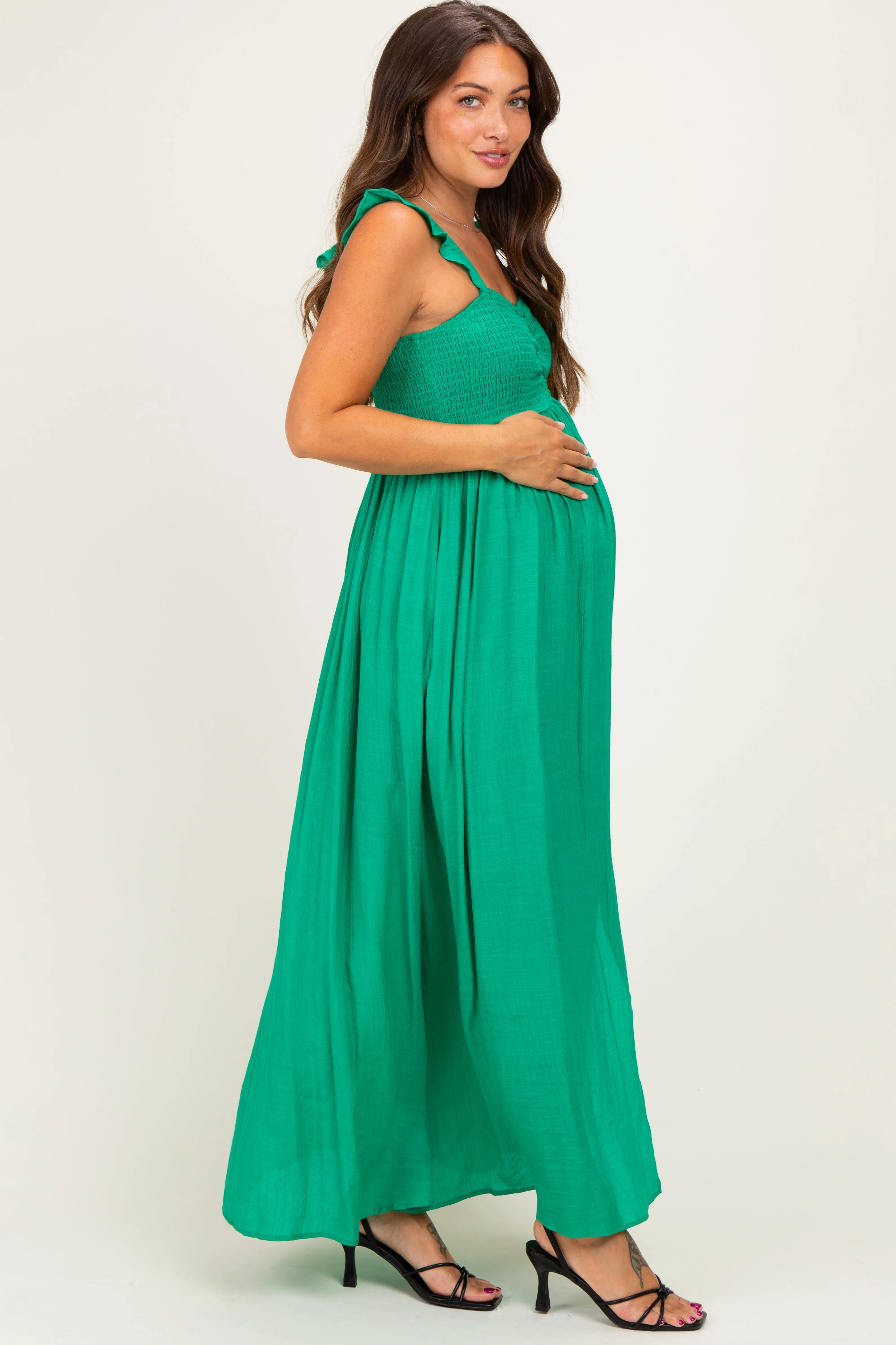 Green Cinched Smocked Bust Sleeveless Maternity Maxi Dress sold by Pinkblush product image thumbnail 2